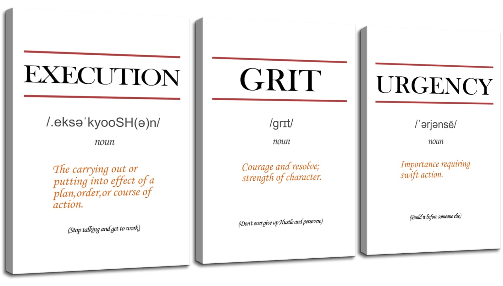 3-Piece Motivational Wall Art Set - Grit, Execution, Urgency Inspirational Quotes - Framed Office & Classroom Decor for Women (12''W x 16''H) - Perfect for Home Office, Study Room & School Wall Decoration