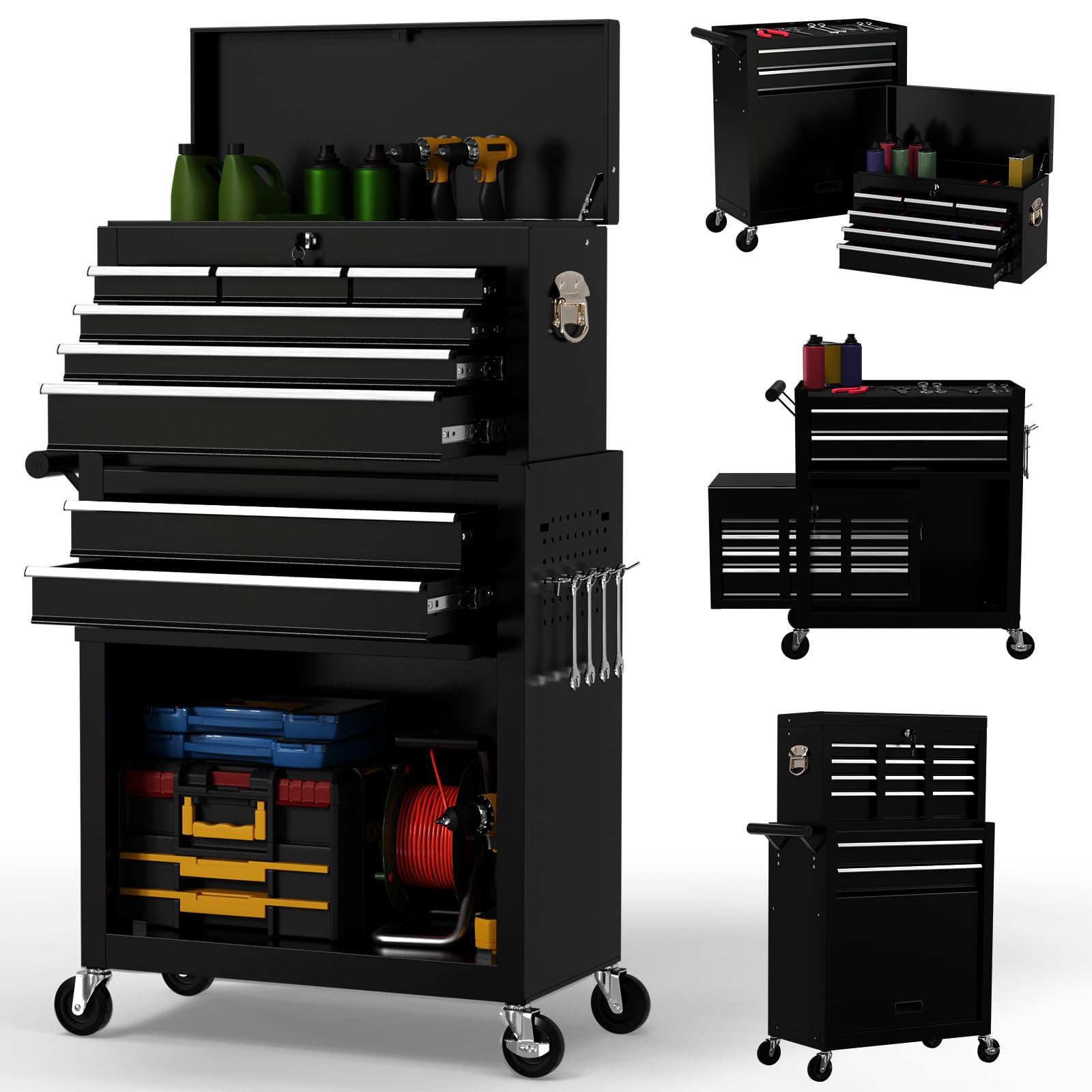 On Shine 8-Drawer Rolling Tool Chest - Heavy Duty Metal Tool Box with Wheels & Locking Mechanism, Large Capacity Sliding Drawer Storage for Garage, Workshop, or DIY Projects - Portable Mechanical Tool Organizer (Black)