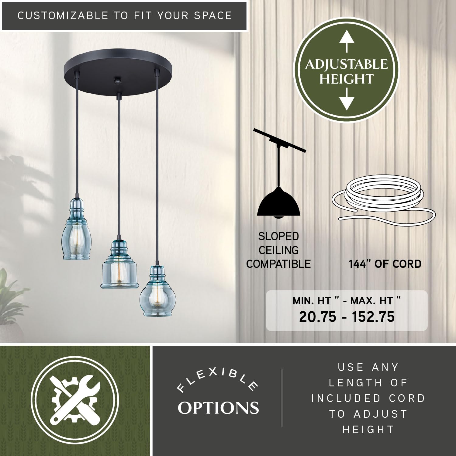 VAXCEL Millie 3L Bronze Farmhouse Jar Pendant Chandelier - Blue Glass Ceiling Light Fixture for Kitchen Island, Dining Room & Bedroom Lighting