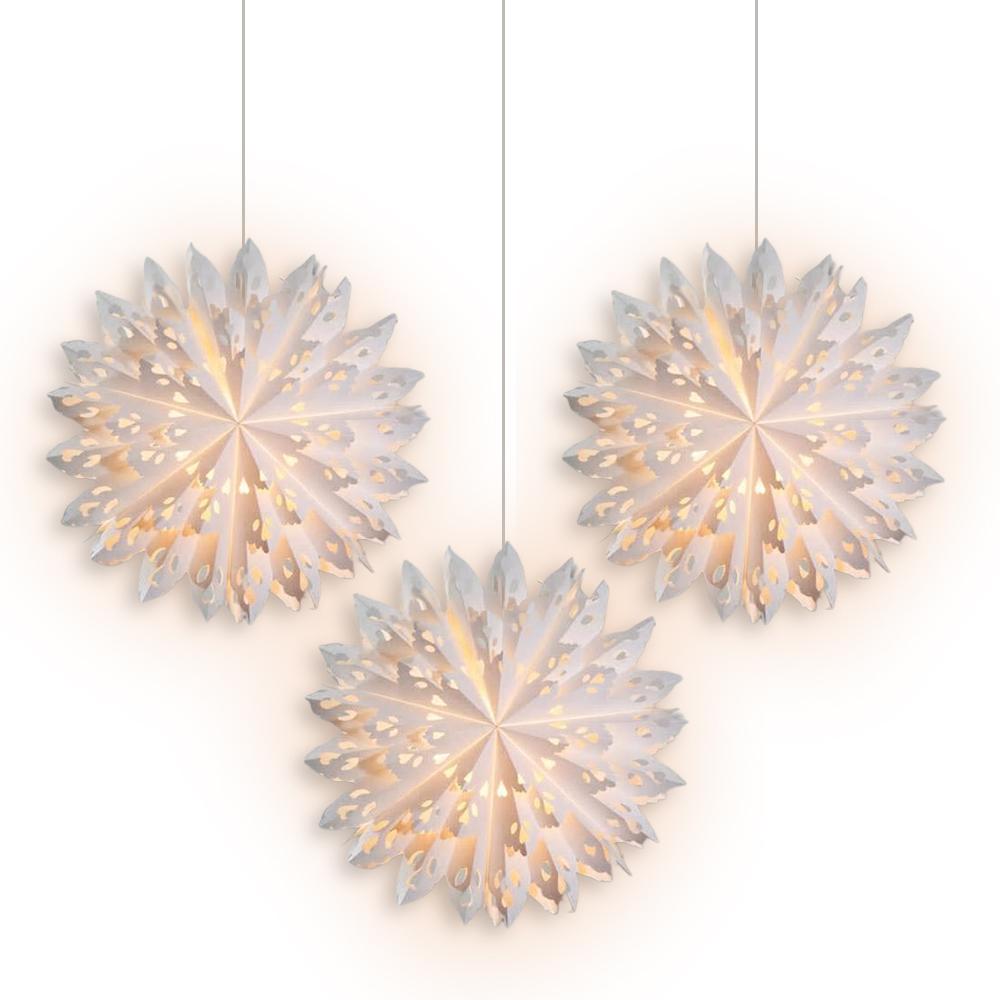 3 Pack White Winter Wreath 24 Inch - Pizzelle Designer Illuminated Paper Star Lantern with LED Bulbs & Cord Light - Perfect for Christmas Decor, Holiday Home, Porch & Indoor Decorations
