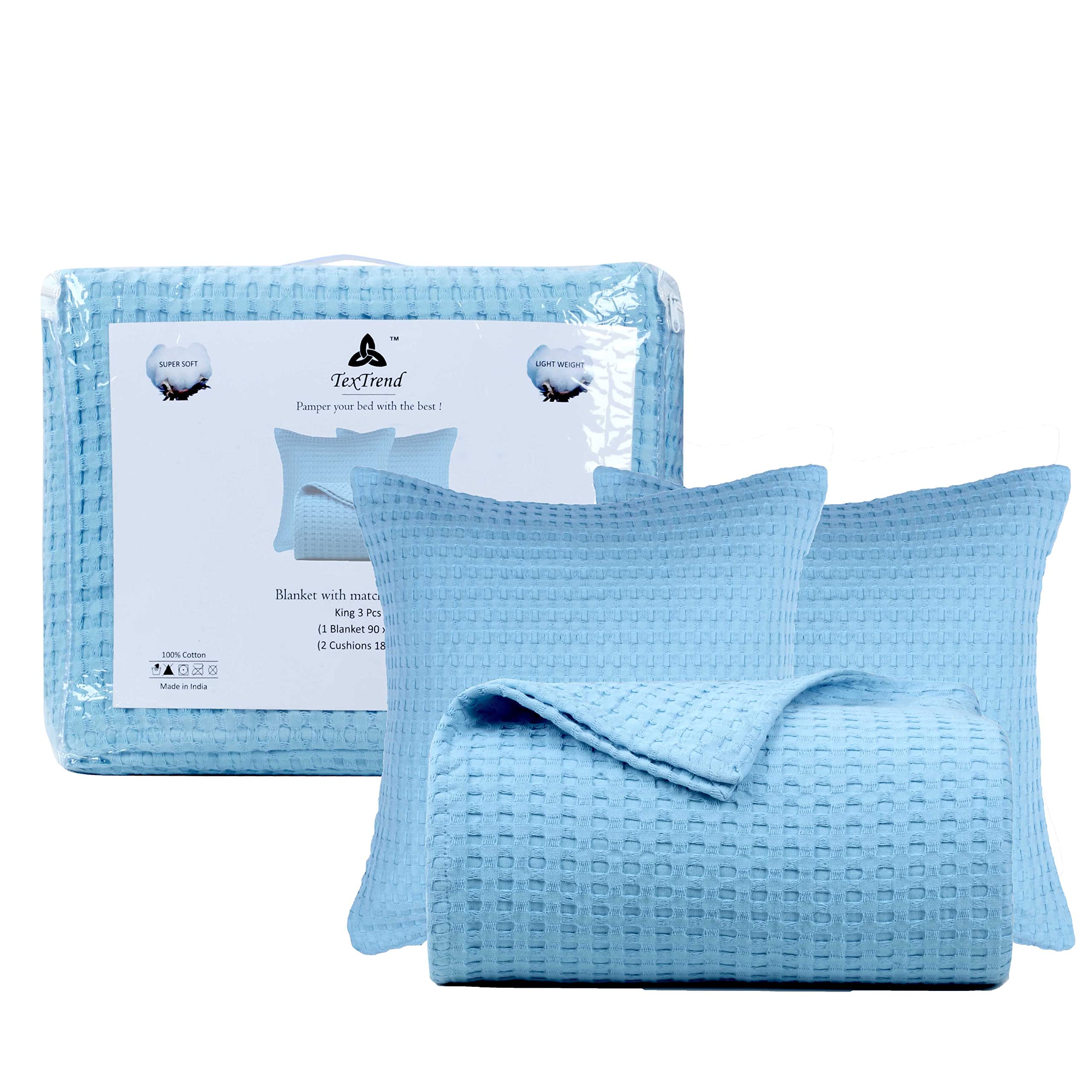 Tex Trend 100% Cotton Waffle Weave Queen Size Blanket - Lightweight, Breathable & Soft Bedding - Blue 90x90 Inches - Perfect for All-Season Comfort, Guest Rooms & Cozy Nights