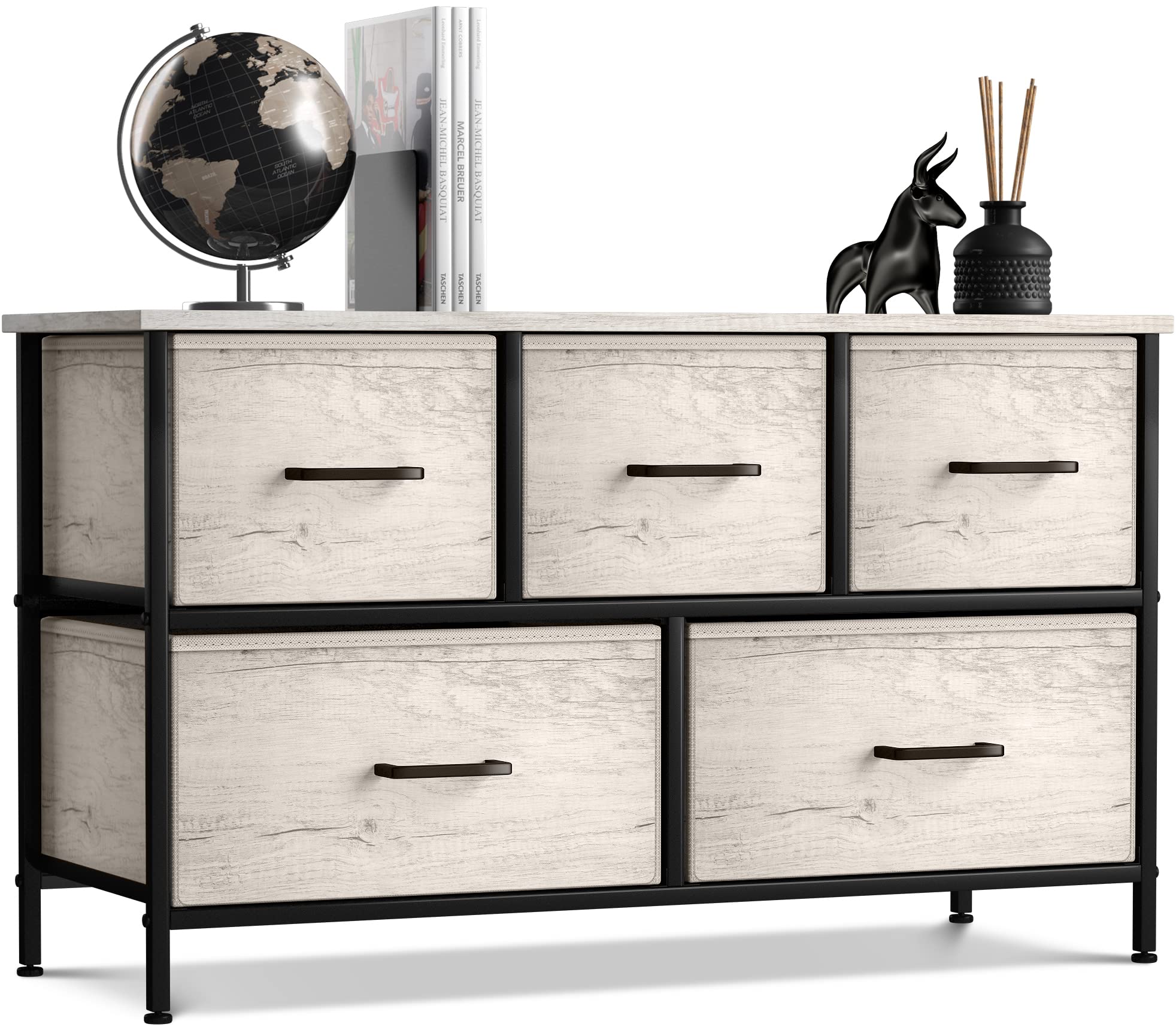 Sorbus 5-Drawer Faux Wood Dresser - Clothes Storage Organizer with Steel Frame & Wood Top - Easy Pull Fabric Bins for Bedroom, Hallway, Living Room, Closet & Dorm - Perfect for Small Space Organization & Home Decor
