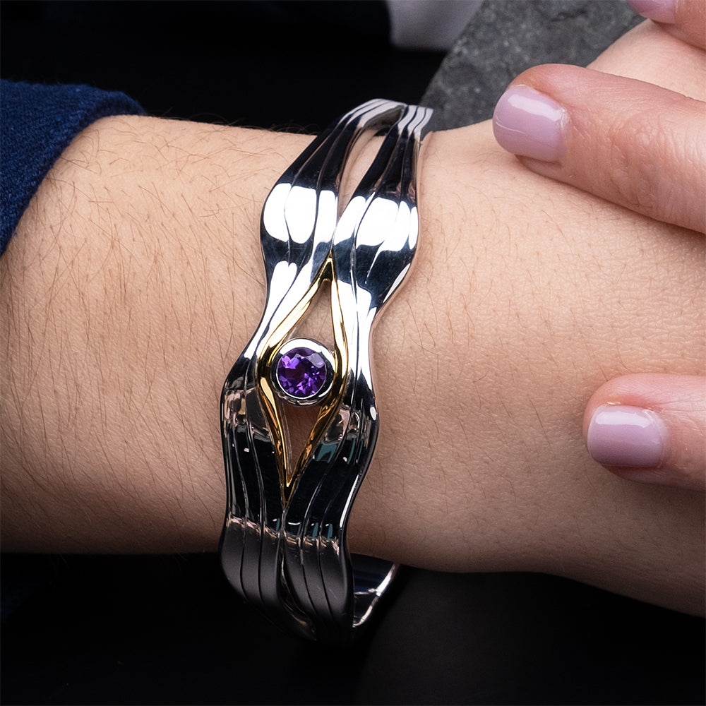 10K Gold & Silver Rocks 'n Rivers Bangle with Amethyst - Elegant Jewelry for Women, Perfect for Parties, Weddings & Everyday Wear