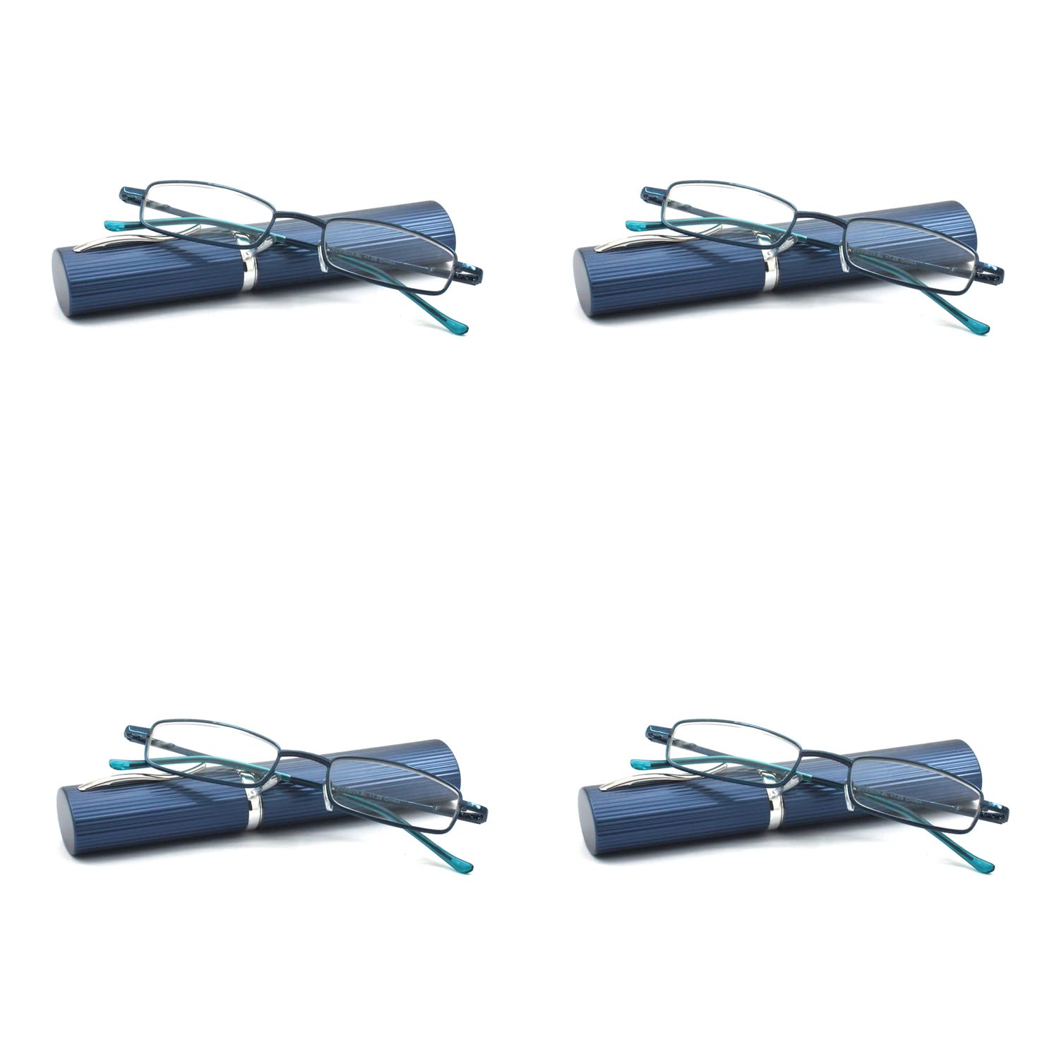 4 Pack Slim Metal Reading Glasses with Tube Case - Lightweight Blue Light Blocking Readers for Men & Women - Perfect for Reading, Computer Use and Office Work