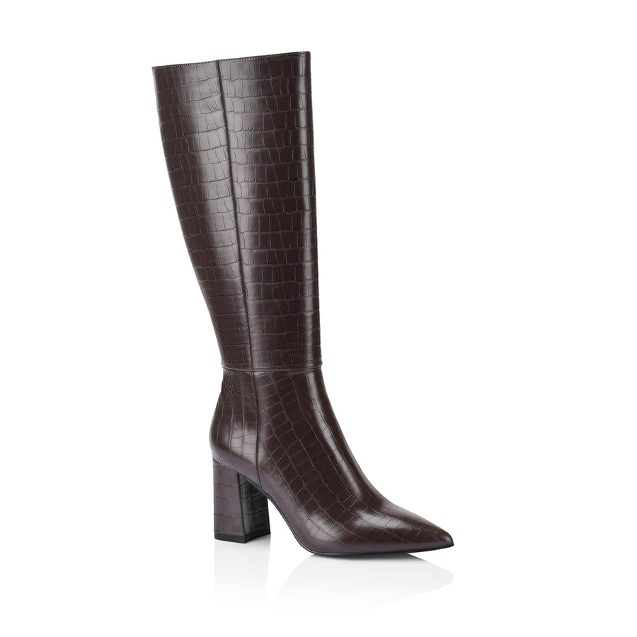Magda Women's Knee High Tall Boots - Chocolate Brown Crocodile Embossed Leather, Chunky Heel, Comfortable & Stylish for Fall/Winter Fashion, Office Wear & Night Out