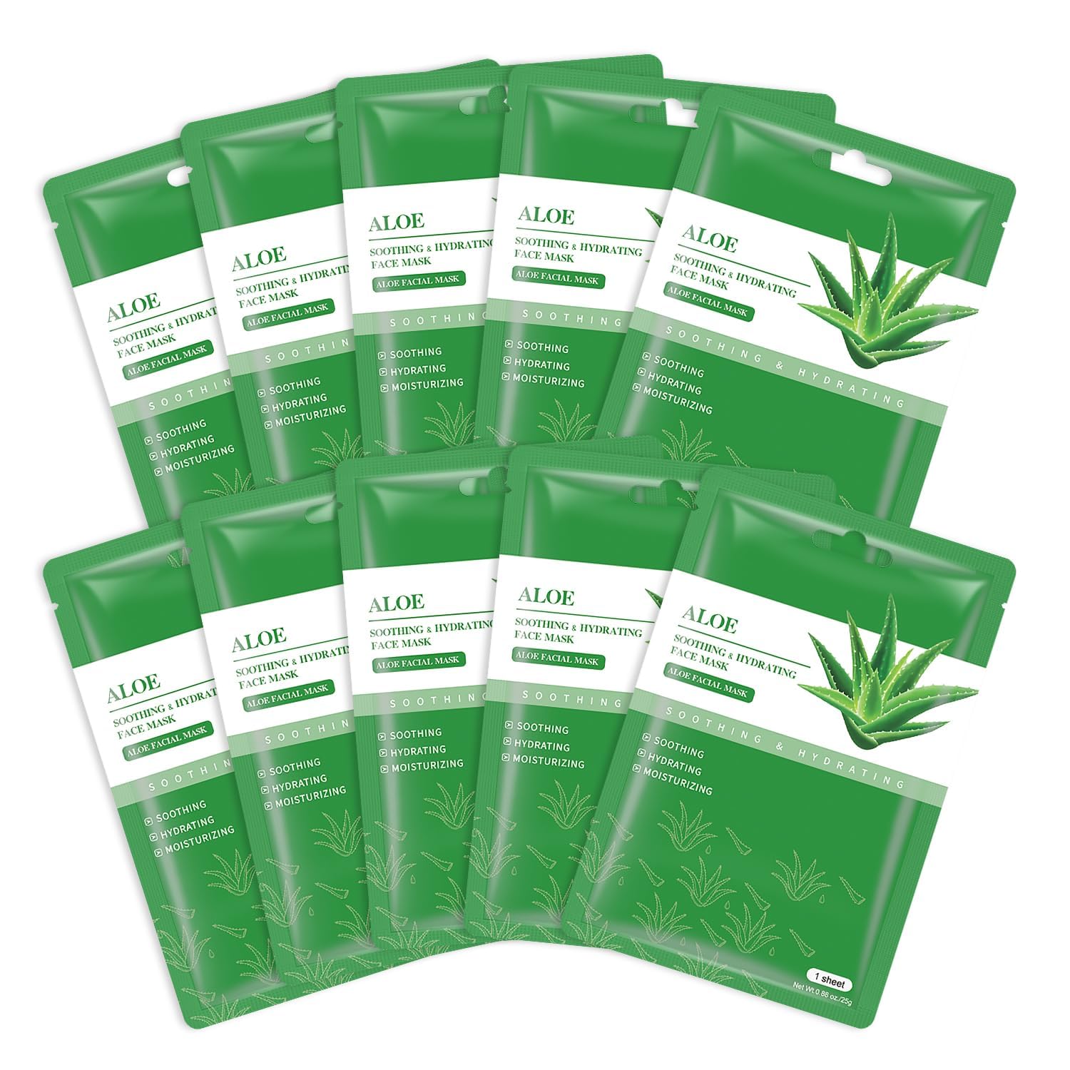 Aloe Vera Face Mask 10 Pack - Hydrating & Soothing for Dry, Oily, Sensitive Skin | Acne & Sun Care Relief