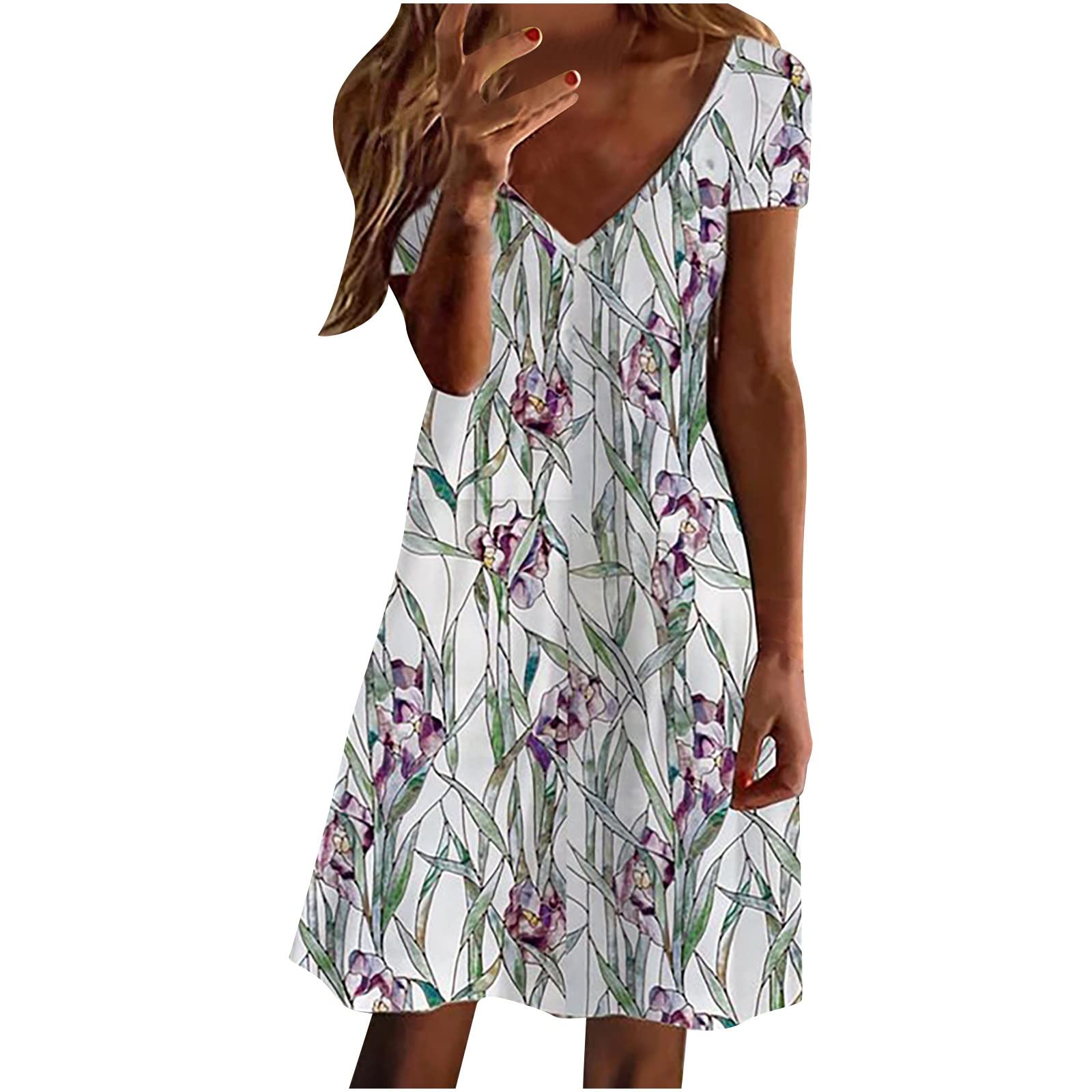 iOPQO Women's Summer Mini Dress - Casual Short Sleeve V-Neck Floral Print A-Line Babydoll Dress | Perfect for Beach, Vacation & Date Night Outfits