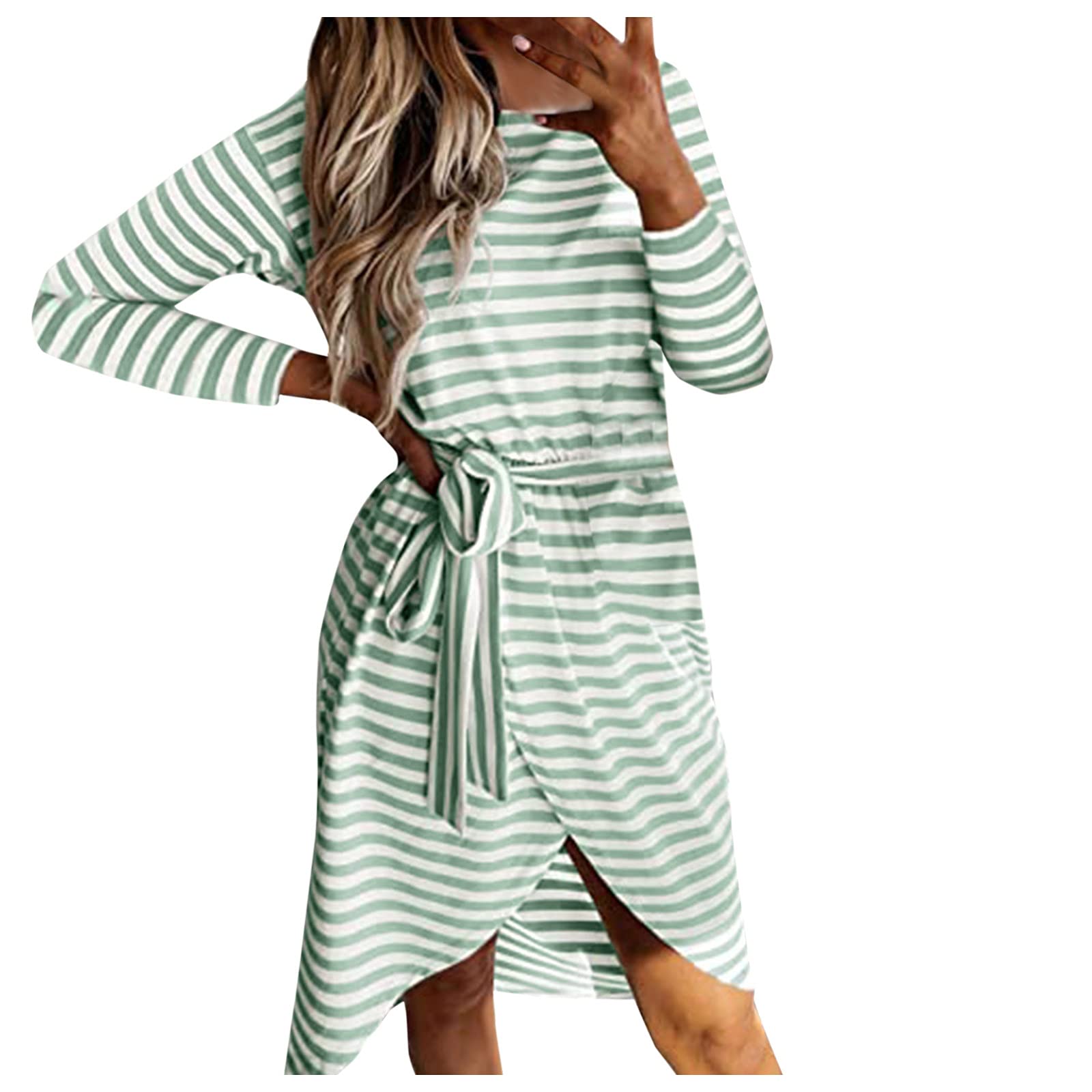 BINGLI Women's Casual Long Sleeve Striped Dress with Round Neck - Flowy Irregular Hem for Everyday Wear, Office, and Date Nights