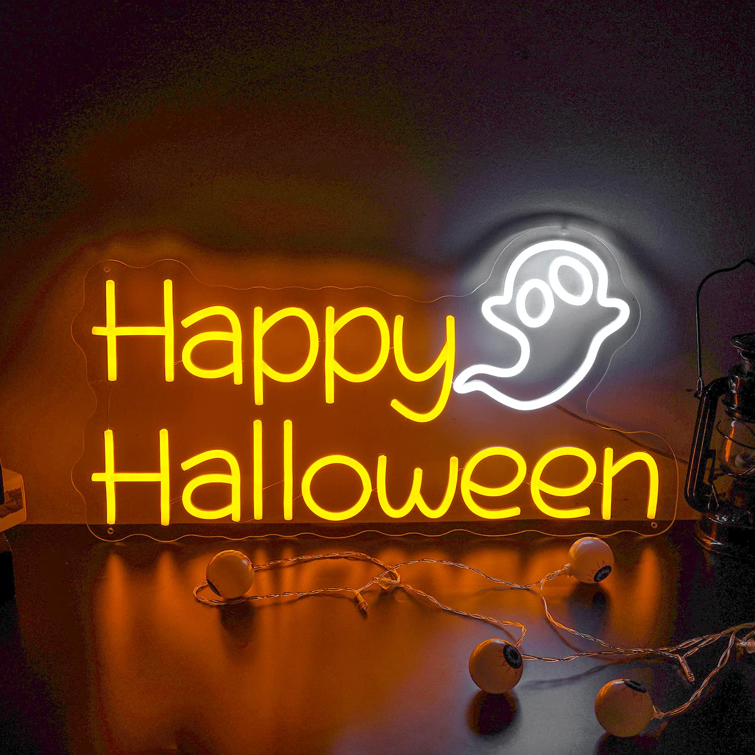 Happy Halloween LED Neon Sign Lights - Spooky Ghost Neon Light for Halloween Party, Bar, Bedroom, Kids Room & Home Wall Decor (Yellow) - Perfect for Indoor & Outdoor Halloween Decorations