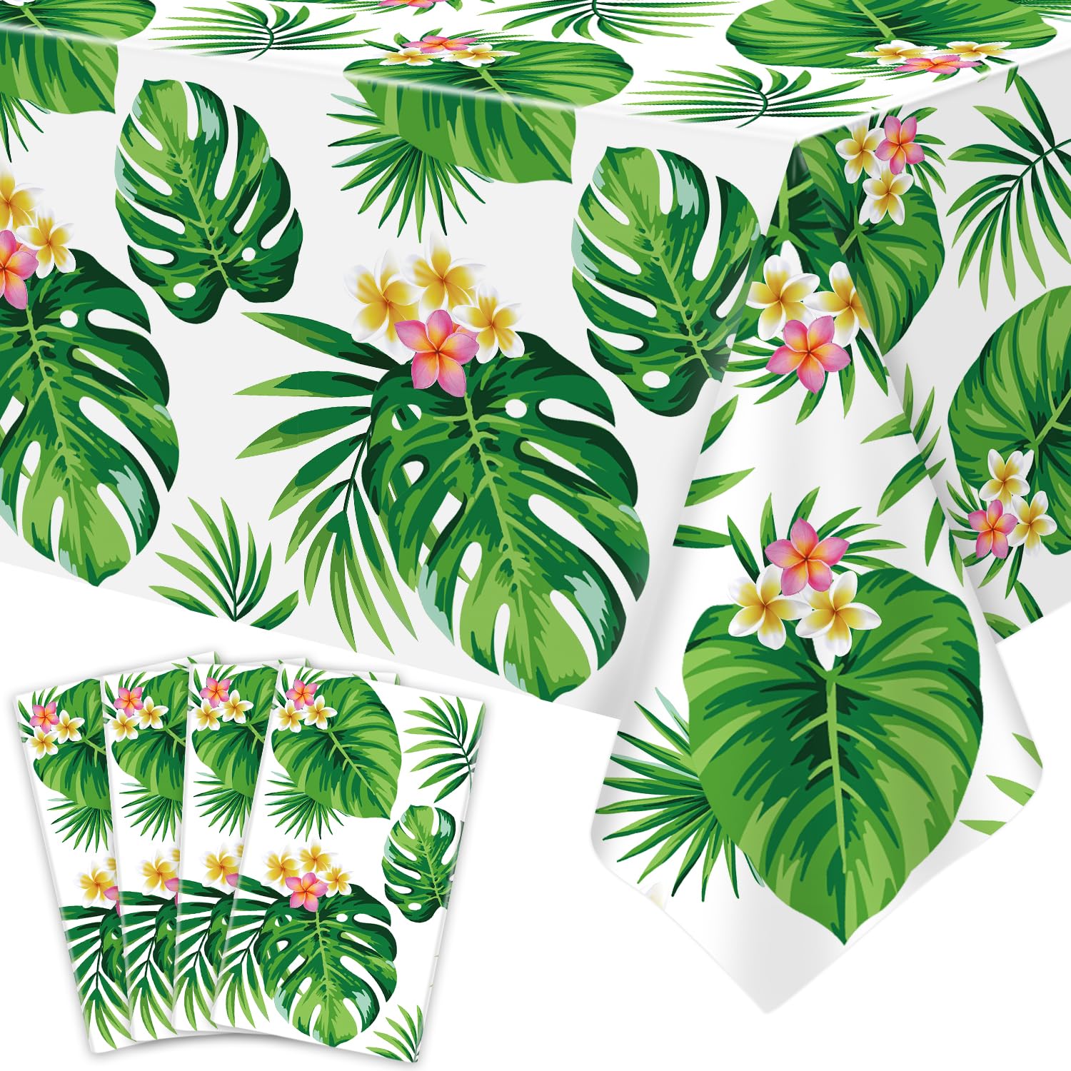 4 Pack Tropical Palm Leaf Tablecloths - 86 x 51 Inch Hawaiian Luau Party Decor, Waterproof Table Cover for Summer Pool Parties, Baby Birthday Celebrations & Tropical Themed Events