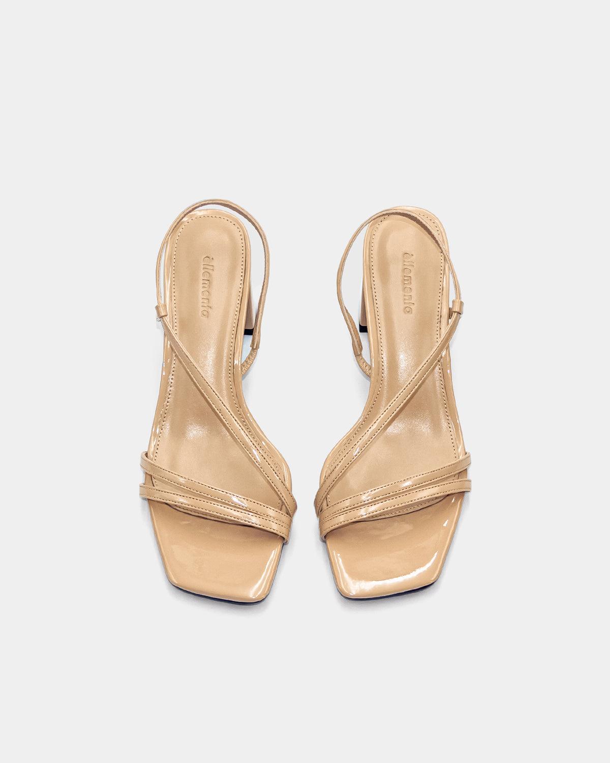 Beige Patent Leather Strap Sandals with Block Heel | Women's Comfortable Dressy Summer Shoes for Weddings, Parties & Office Wear