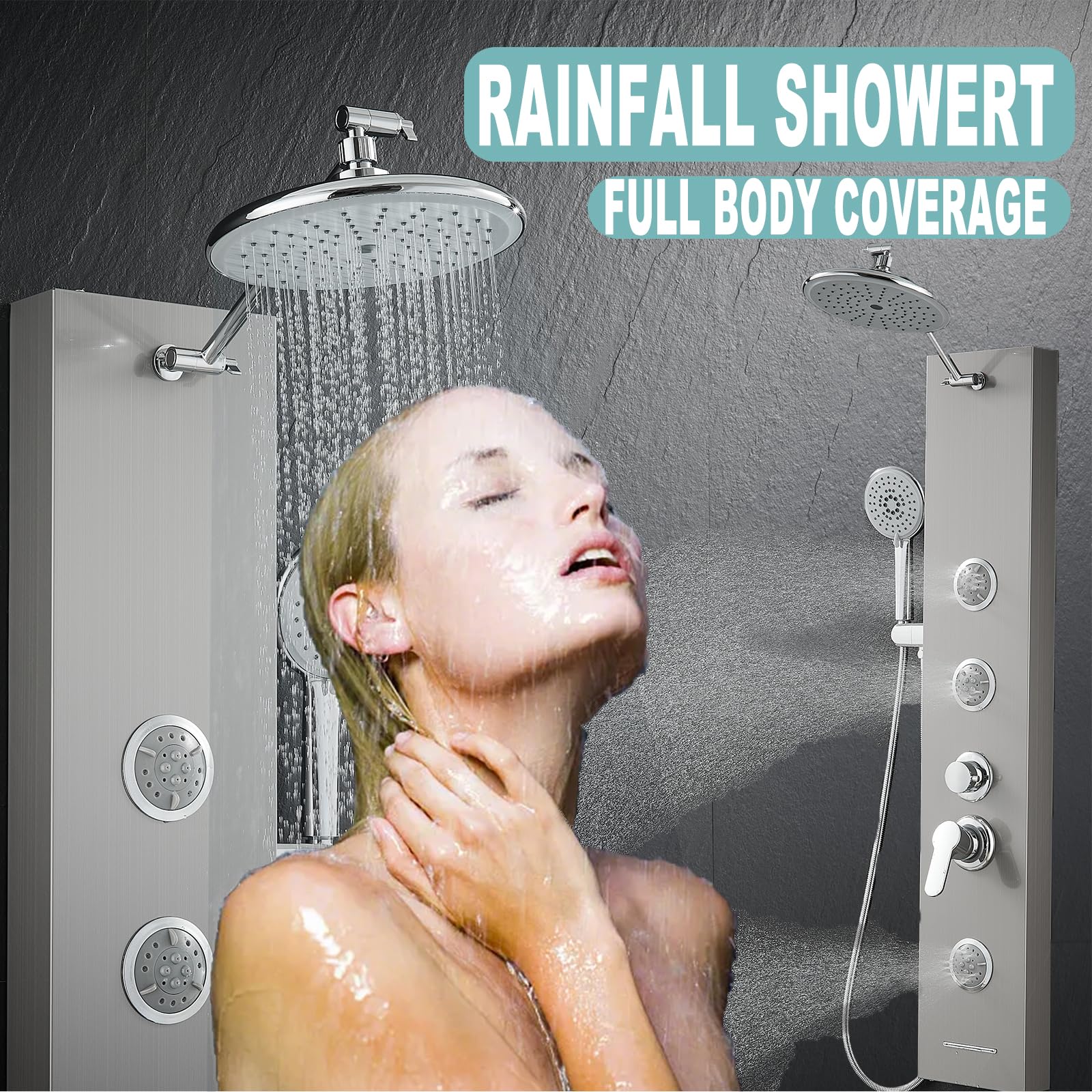 Premium Stainless Steel Shower Panel System - 5-Function Adjustable Handheld Shower Head with 2-Setting Body Jets & Self-Cleaning Nozzles | Brushed Nickel Finish for Bathroom & Spa Relaxation