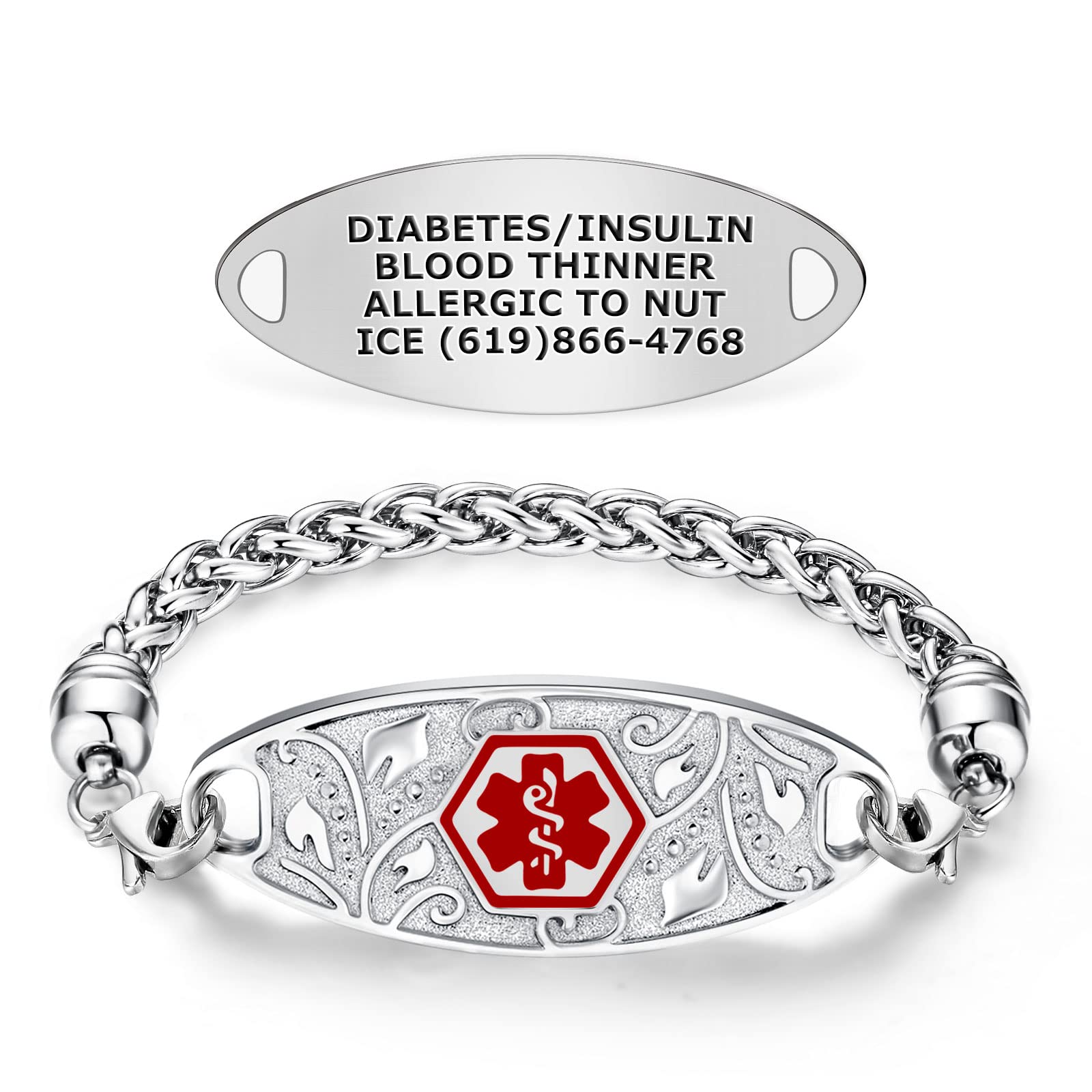 Divoti Custom Engraved Medical Alert Bracelets for Women - Stainless Steel Medical ID Bracelet with Free Engraving - Elegant Filigree Wheat Design - Adjustable Sizing - Perfect for Allergies, Diabetes & Emergency Medical Identification