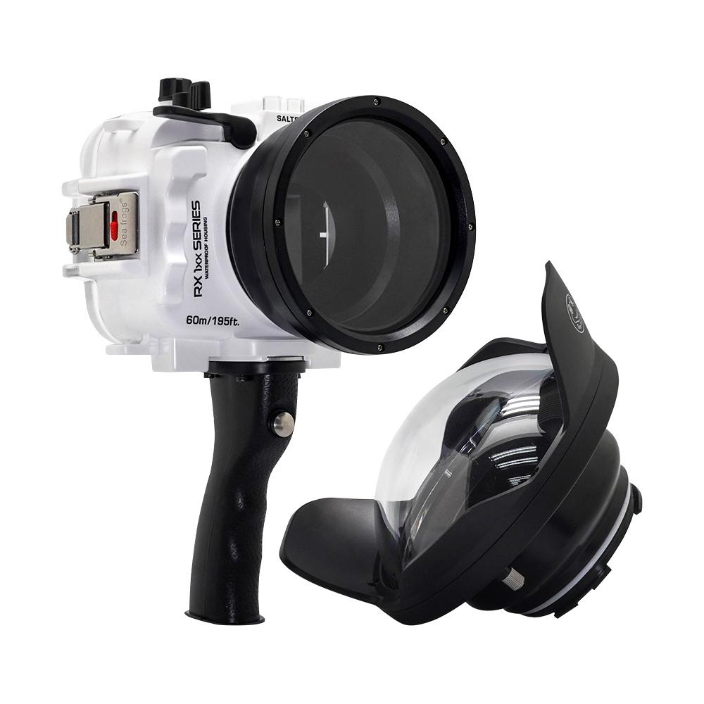 Waterproof Housing for Sony RX1xx Series - 60M/195FT Depth Rating, Salted Line with Pistol Grip & 6 Optical Glass Dry Dome Port (White) - Perfect for Underwater Photography, Scuba Diving, and Marine Exploration