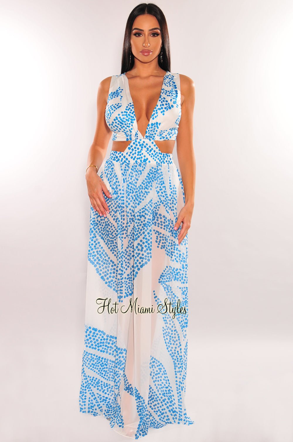 Elegant White Teal Palm Print V-Neck Cut Out Maxi Dress for Women - Perfect for Beach Vacations, Summer Parties & Boho Fashion