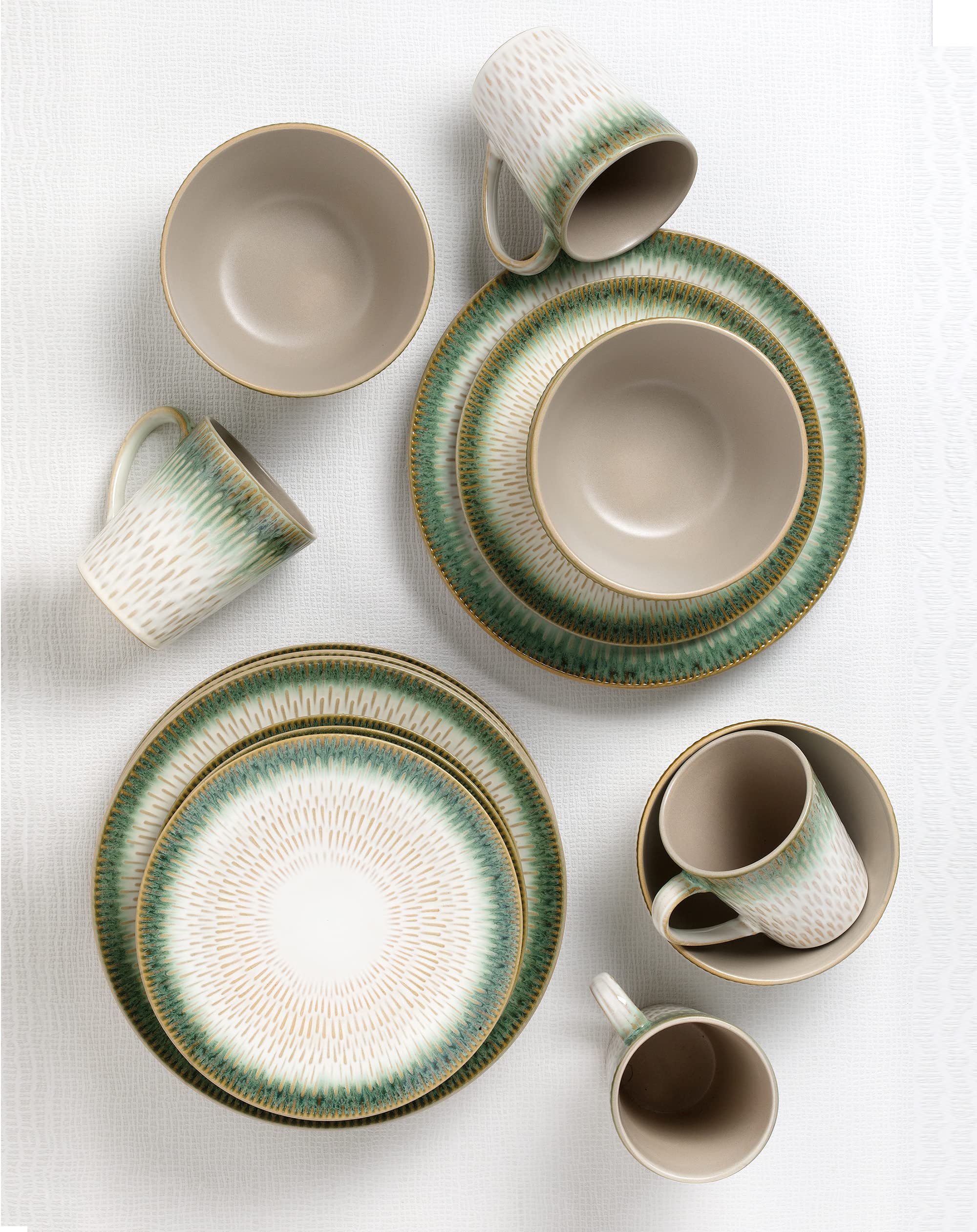 Elegant Modern Stoneware Scroll Dinnerware Set - 16-Piece Green Drop Collection for Parties, Events & Holiday Entertaining | Durable Dishware for Formal Dining, Wedding Receptions & Family Gatherings