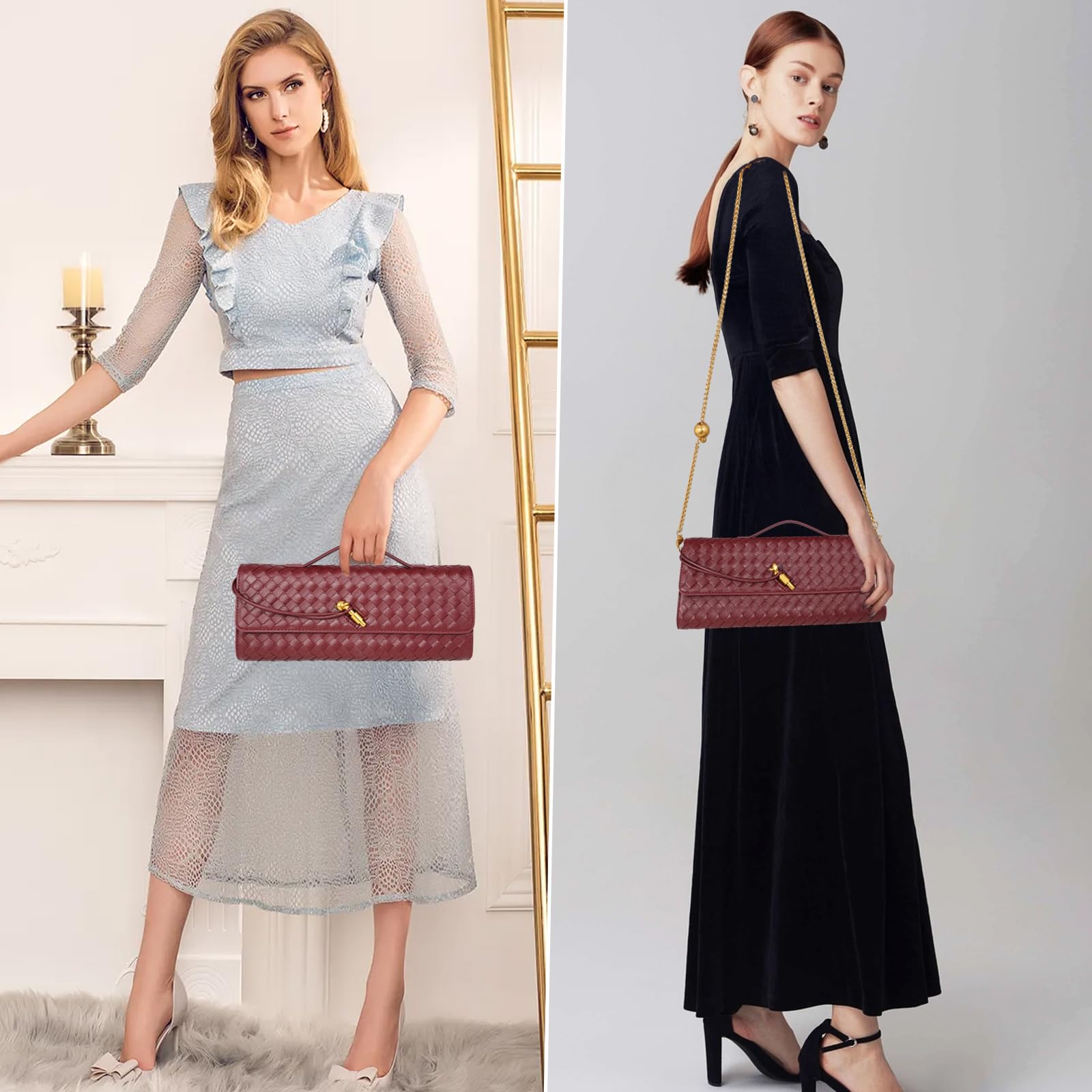 Elegant Woven Leather Evening Clutch Purse for Women with Gold Chain - Crossbody Bag for Parties, Weddings & Special Occasions 2024