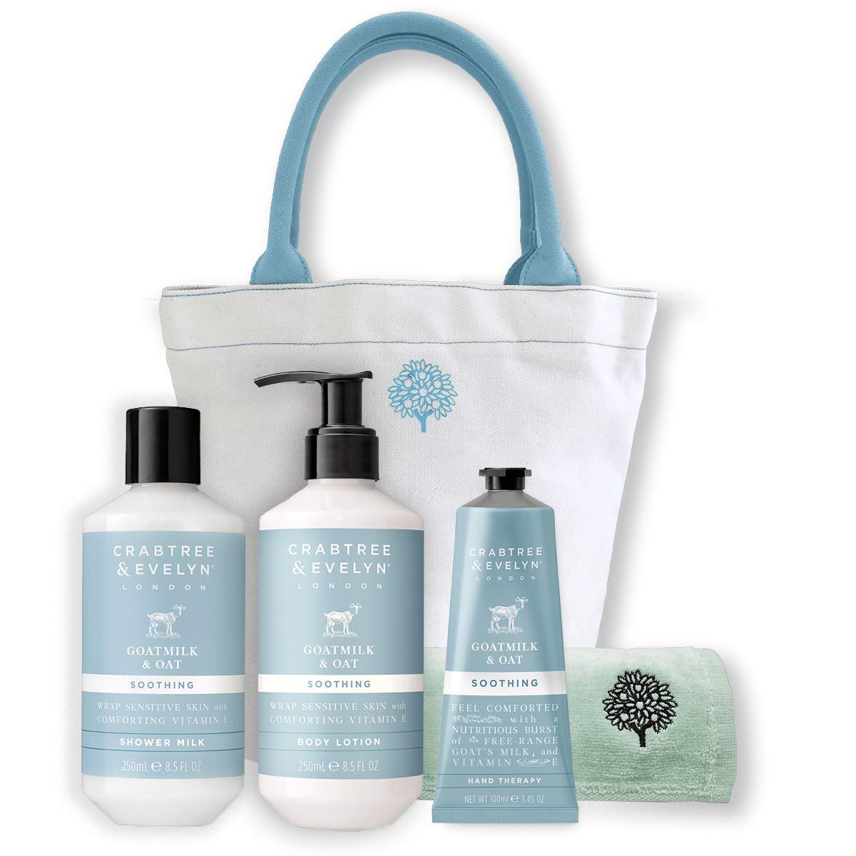 CRABTREE & EVELYN Goatmilk & Oat Trio Gift Set with Tote Bag & Towel - Hand Cream, Shower Milk & Body Lotion (100ml/250ml) - Perfect for Spa Day, Self-Care & Luxury Gifts