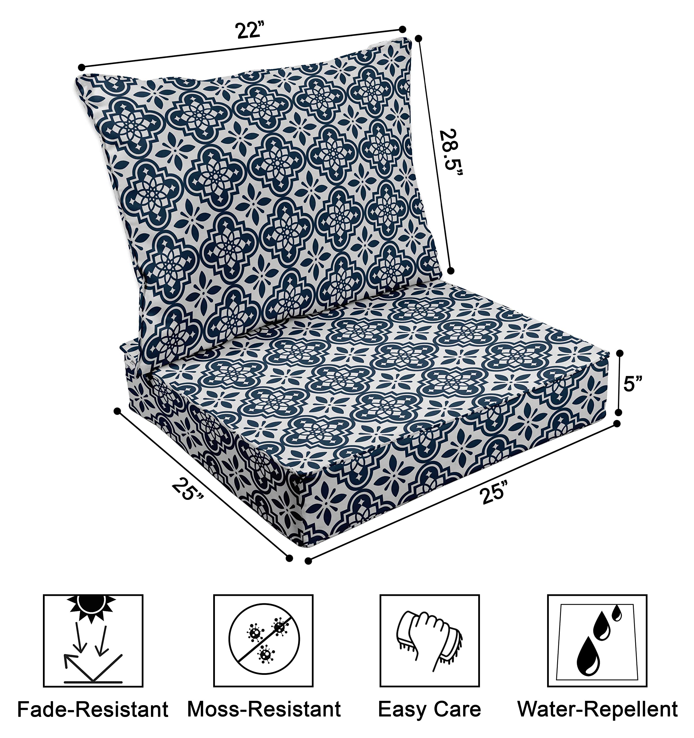 Printed Outdoor Deep Seat Patio Cushions Set - 2-Piece All-Weather Replacement Cushions (25x25x5 Inches) for Patio Furniture - White | Perfect for Garden, Deck, Porch & Outdoor Lounge Chairs