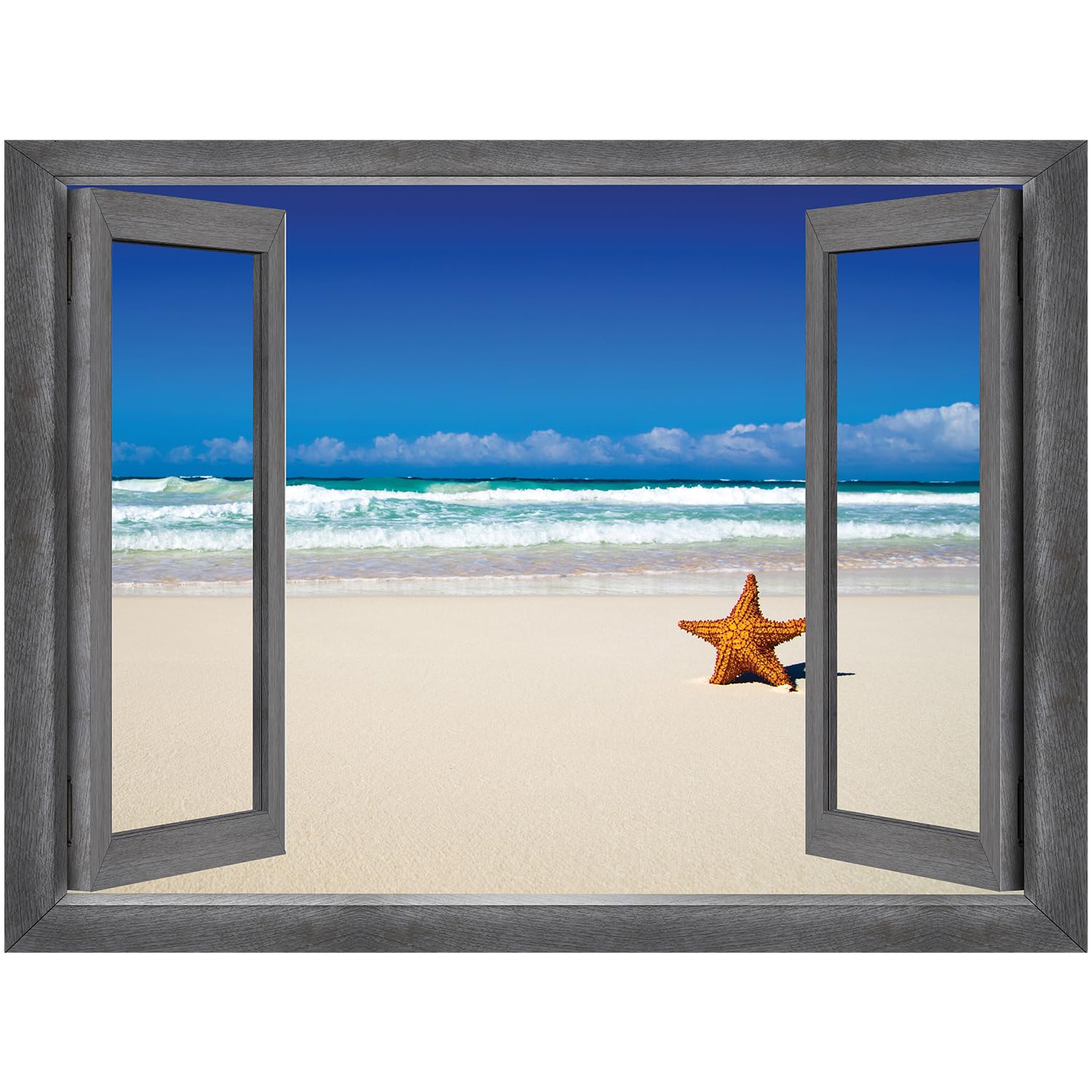 Wall26 - Open Window Ocean View Wall Mural with Starfish - Removable Peel & Stick Wall Decal - 24x32 Inch Coastal Home Decor - Perfect for Living Room, Bedroom, or Beach House Interior Design