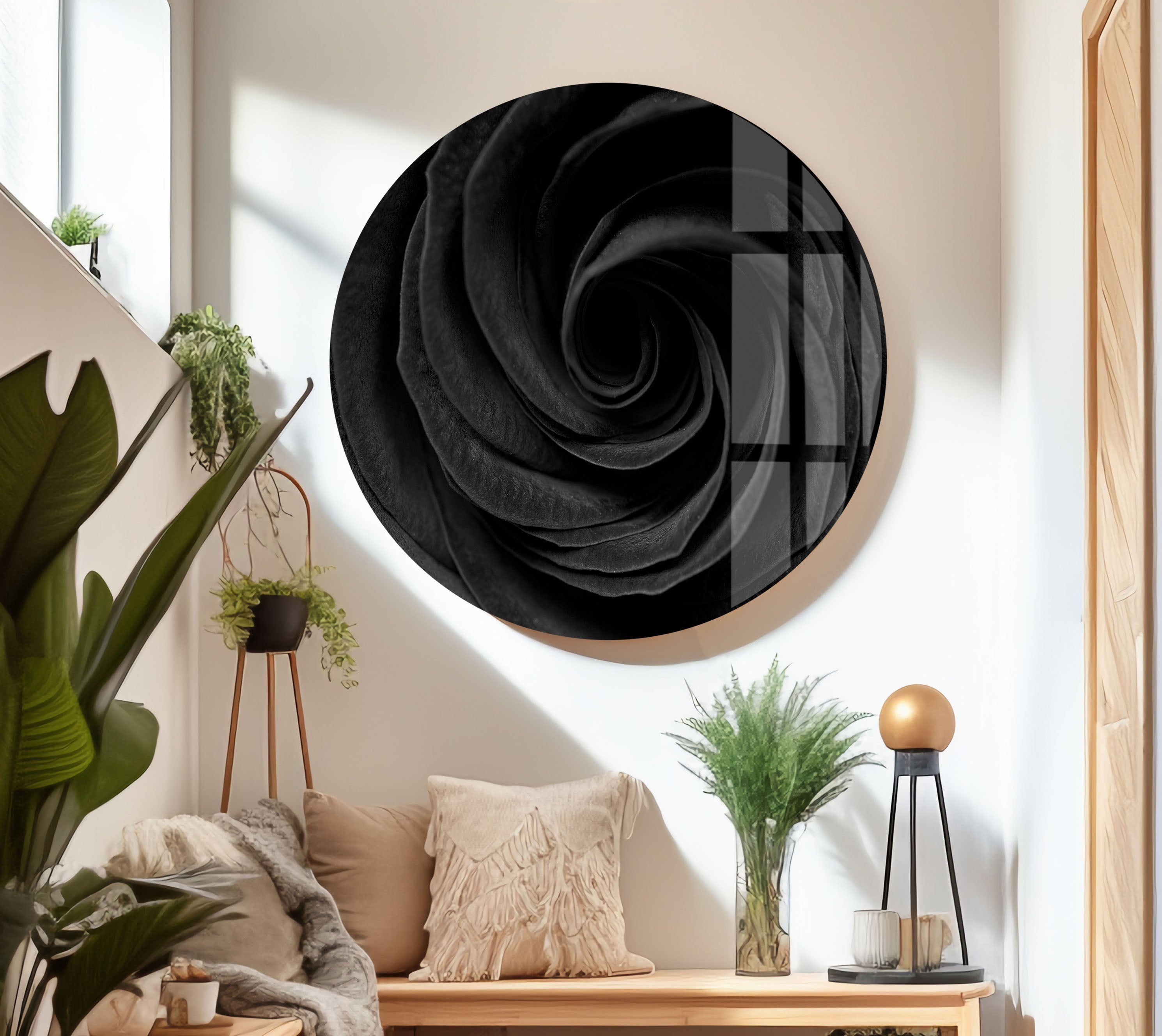 Elegant Black Rose Glass Wall Art Decor - Handcrafted Modern Home & Office Decoration for Living Room, Bedroom, or Gift