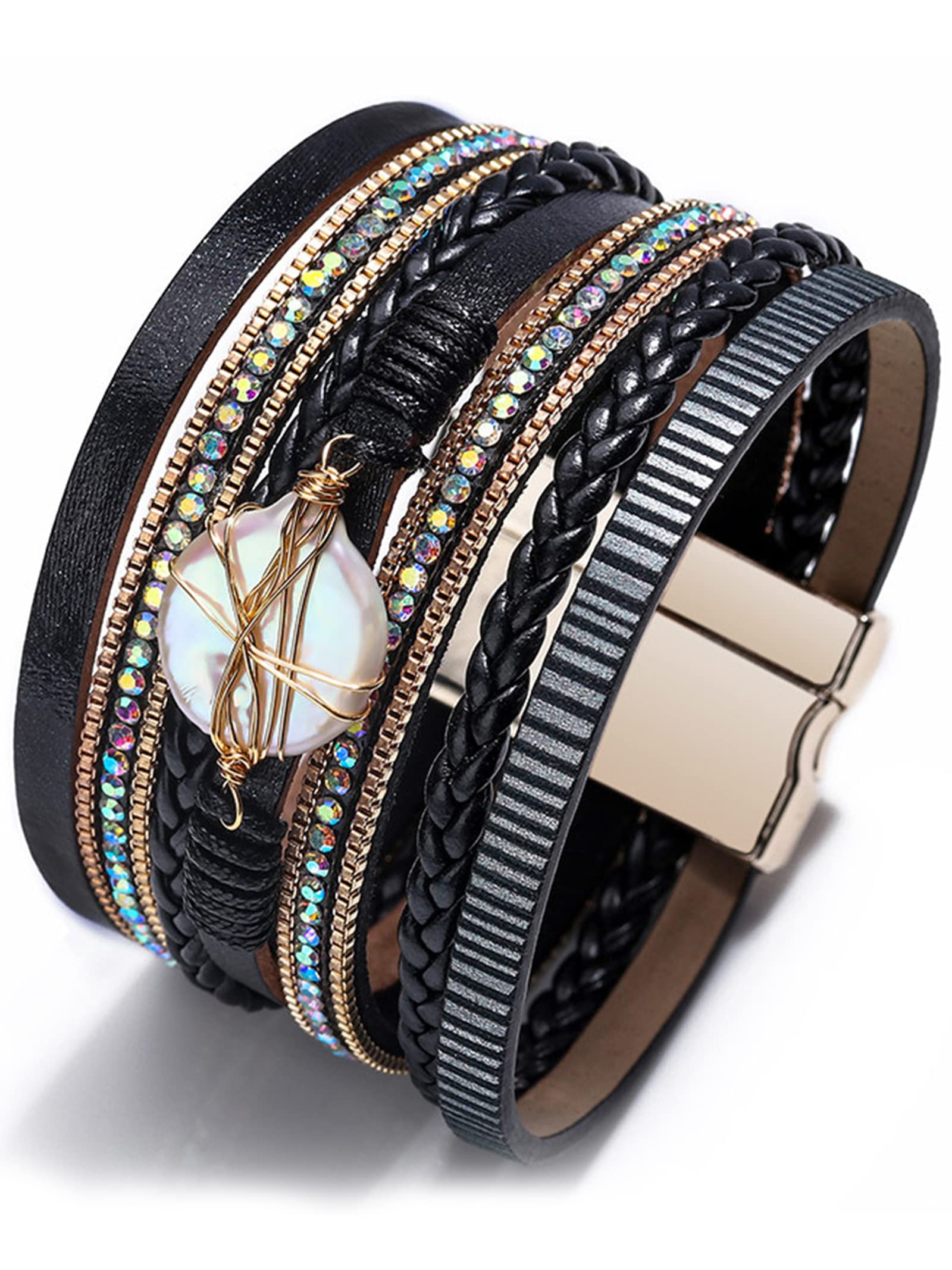 Trendy Blue Leather Wrap Bracelet for Women - Stackable Western Cuff Bracelet, Multi-Layer Boho Jewelry for Everyday Wear & Fashion Accessories