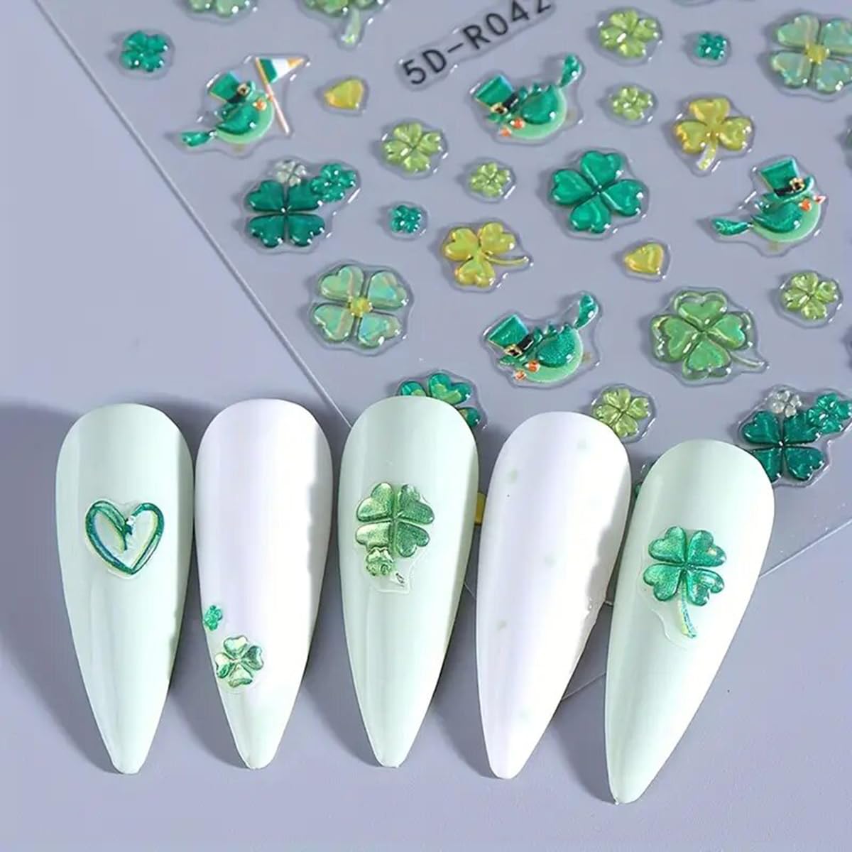 5D St. Patrick's Day Nail Art Stickers - 2PCS 3D Embossed Four-Leaf Clover Nail Decals for Women | DIY Manicure Nail Design Supplies | Perfect for St. Patrick's Day Parties & Nail Art Decorations
