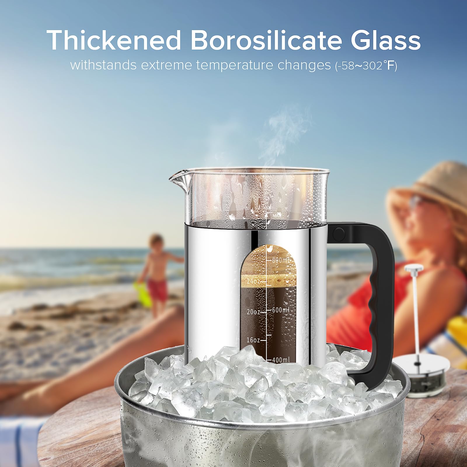 Premium 34oz French Press Coffee Maker - 304 Stainless Steel Cold Brew & Iced Coffee Maker with 4-Layer Filter, Heat-Resistant Borosilicate Glass - BPA Free, Rust-Free & Easy to Clean - Perfect for Home, Office & Camping Use