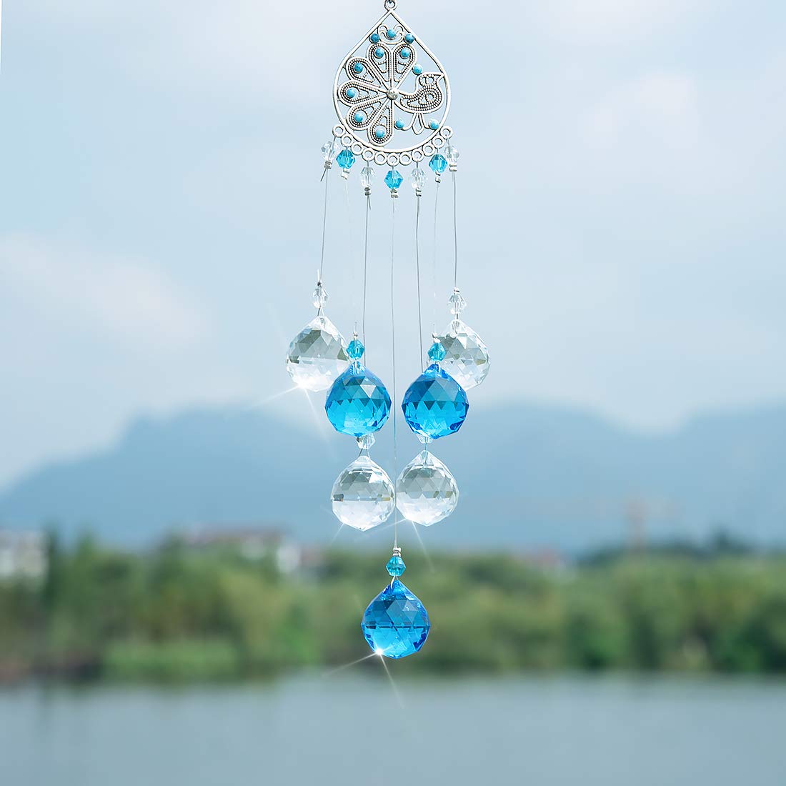 Light Blue Crystal Prisms Ball Suncatcher - Rainbow Maker Window Decor, Feng Shui Ornament & Healing Pendant Gift for Home, Office, Meditation Room - Creates Beautiful Rainbows for Relaxation & Positive Energy