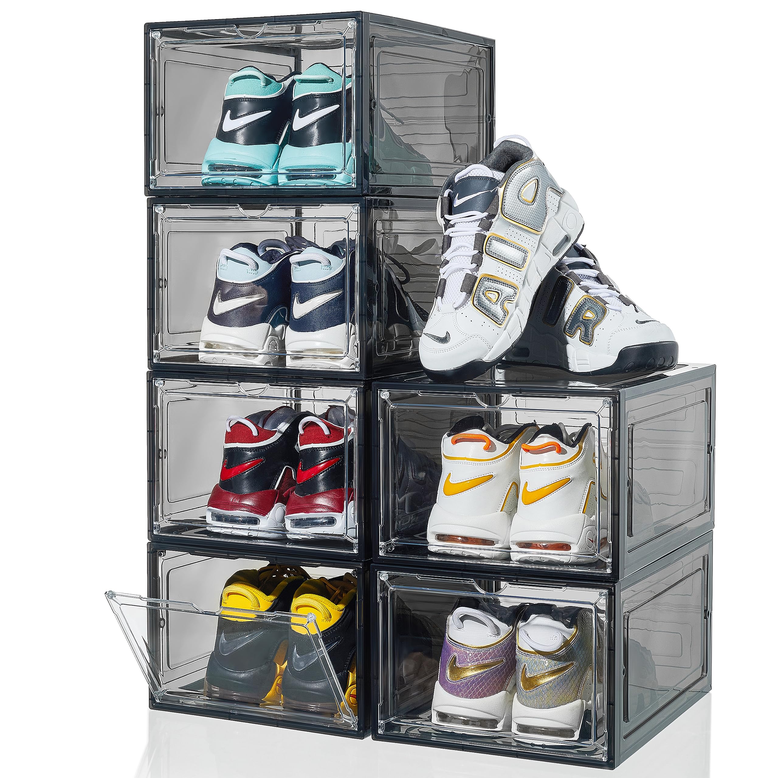 6 Pack Clear Plastic Stackable Shoe Organizer Boxes with Magnetic Drop Front Door - Large Shoe Storage Containers for Closet, Bedroom & Entryway Organization (Black)