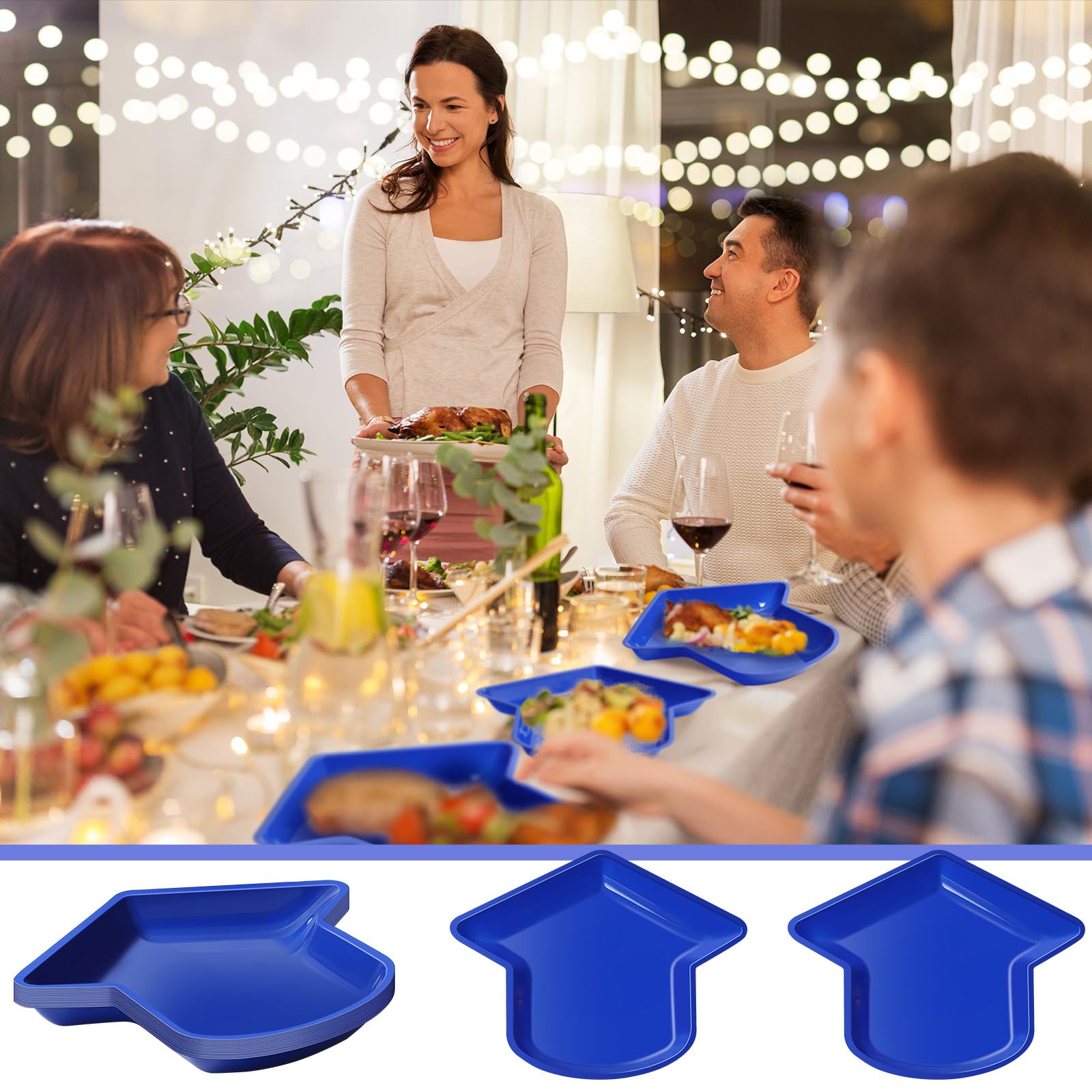 24-Pack Graduation Party Plates - Hat-Shaped Reusable Snack Trays for Cookies, Chips & Candy - 11.6 x 9.6 Inch Blue Graduation Decor - Perfect for Grad Parties, Dessert Buffets & School Celebrations
