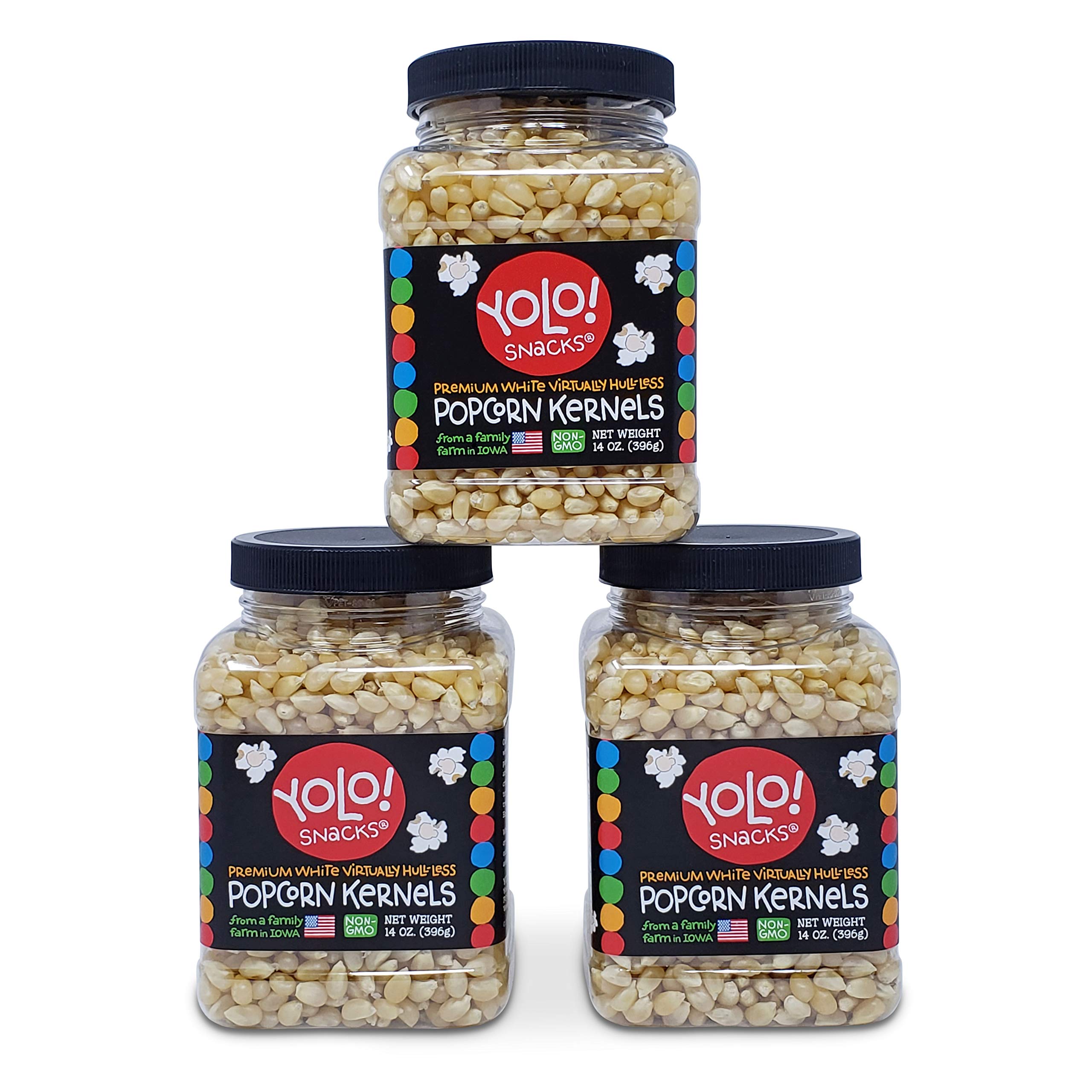 YOLO! Snacks - Premium Non-GMO White Hulless Popcorn Kernels (14oz, 3-Pack) - Small Kernels for Perfect Popping - Ideal for Movie Nights, Parties & Healthy Snacking