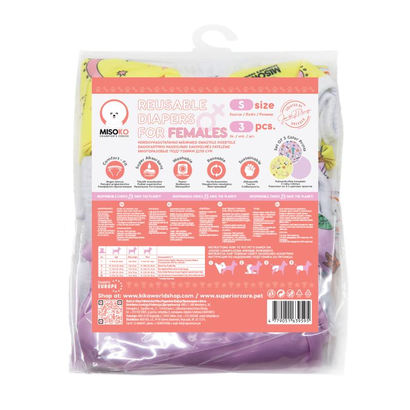 Misoko Washable Reusable Dog Diapers for Female Dogs - 3 Pack, Fantasy Print - Soft & Absorbent Pet Diapers for Incontinence, Heat Cycles & Training - Perfect for Small to Medium Dogs at Home or Travel