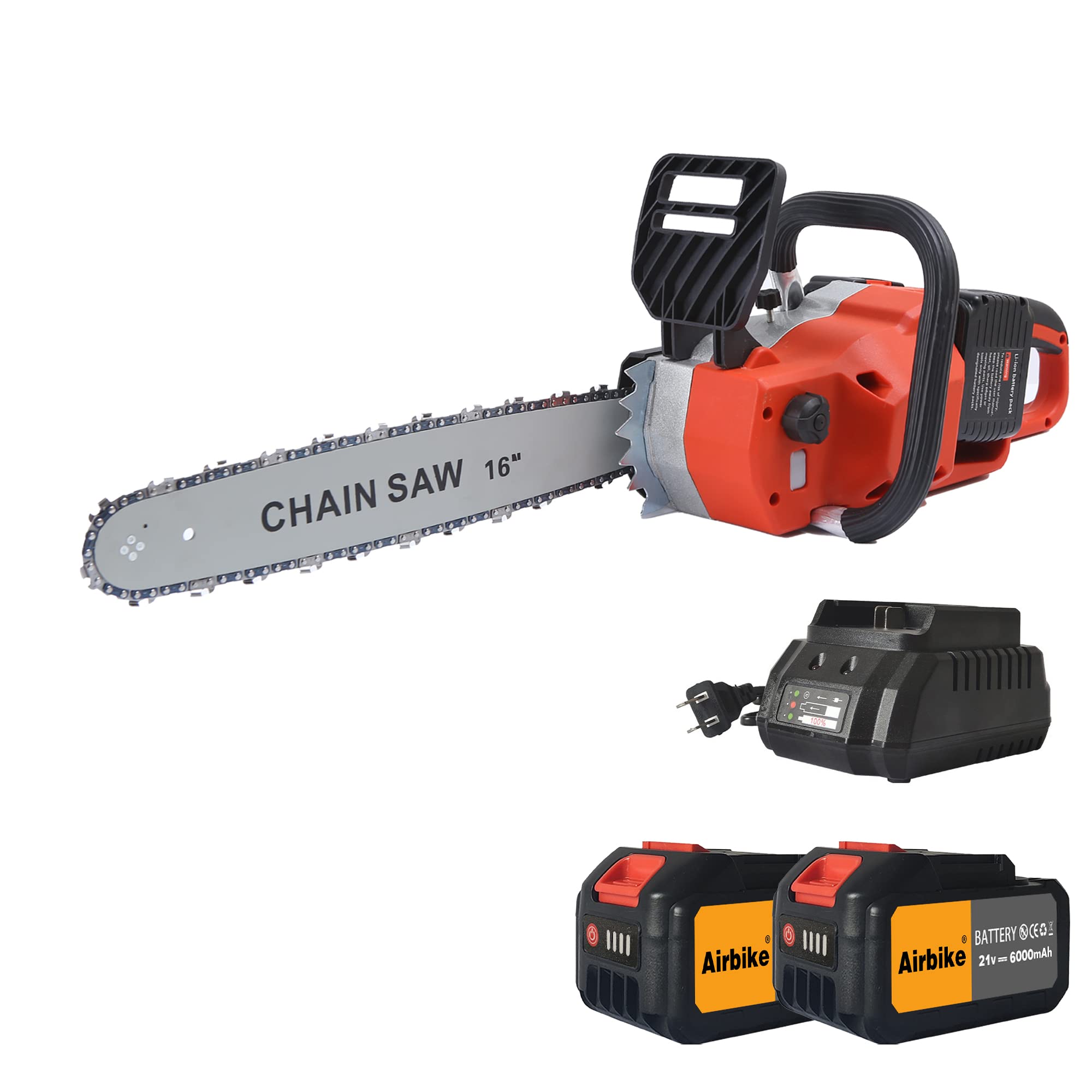 16 Inch Cordless Electric Chainsaw with 2x 6000mAh Batteries - Powerful Battery Chainsaw for Wood Cutting, Tree Branch Trimming, Firewood Preparation & Yard Maintenance (Orange Chainsaw Tool for Home Gardening & Landscaping)