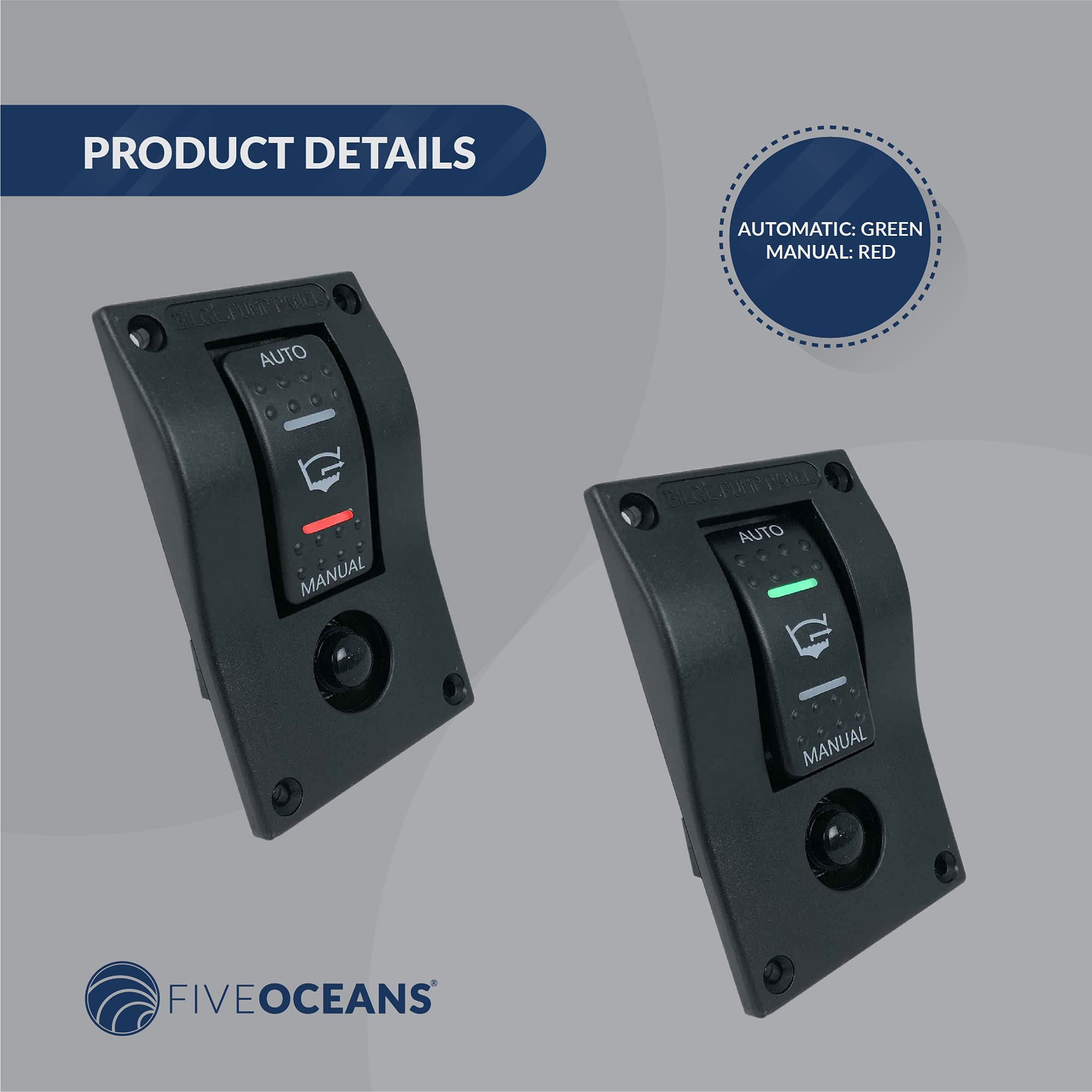 Five Oceans 3-Way Rocker Bilge Pump Switch 12V with LED Light Indicator & Circuit Breaker - FO3851 | Manual/Automatic Bilge Pump Control Panel Switch for Boats, Yachts & Marine Applications