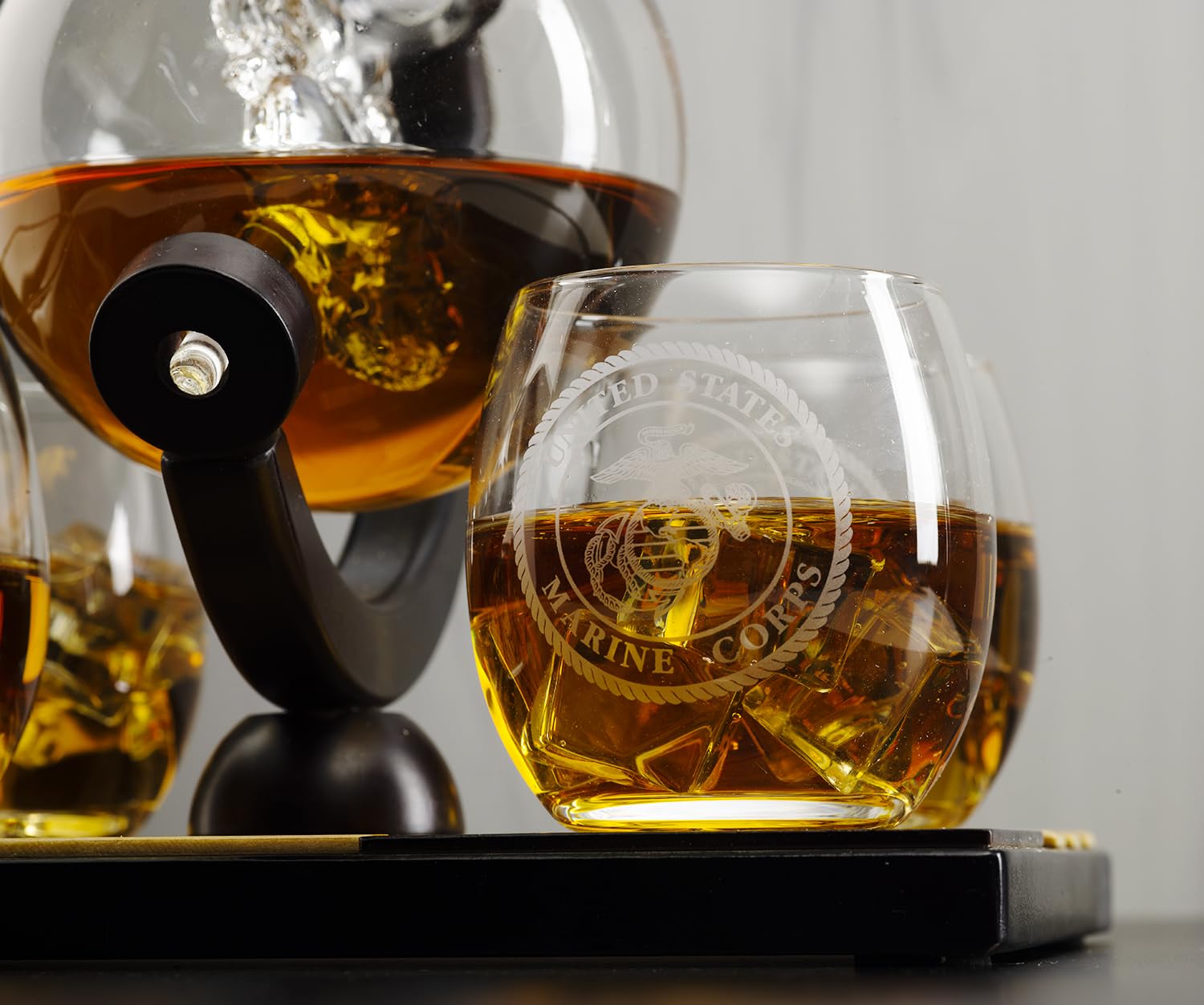 Premium U.S. Marine Globe Whiskey Decanter Set with 4 Crystal Glasses - Wooden American Flag Base - Navy Veteran Gift for Men, Dad & Military Fathers - Bourbon & Scotch Decanter Gift Set - Perfect for Home Bars, Man Caves & Patriotic Celebrations