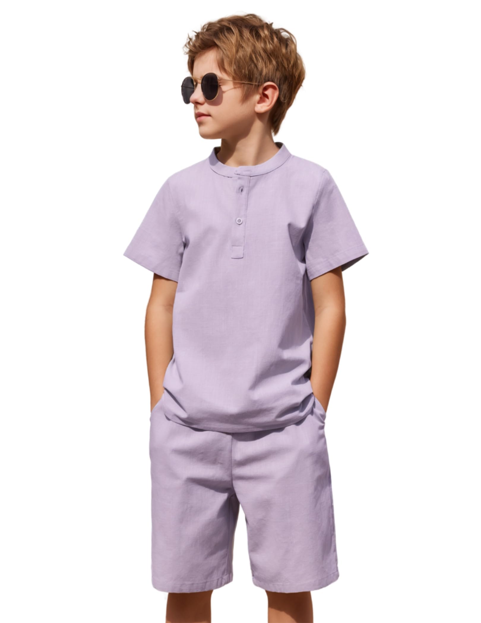 Arshiner Boys' 2-Piece Cotton Linen Outfit - Casual Henley Shirts & Short Sleeve Beach Shorts Set for Kids Ages 5-12 | Summer Vacation, Beach Party & Outdoor Play Clothes
