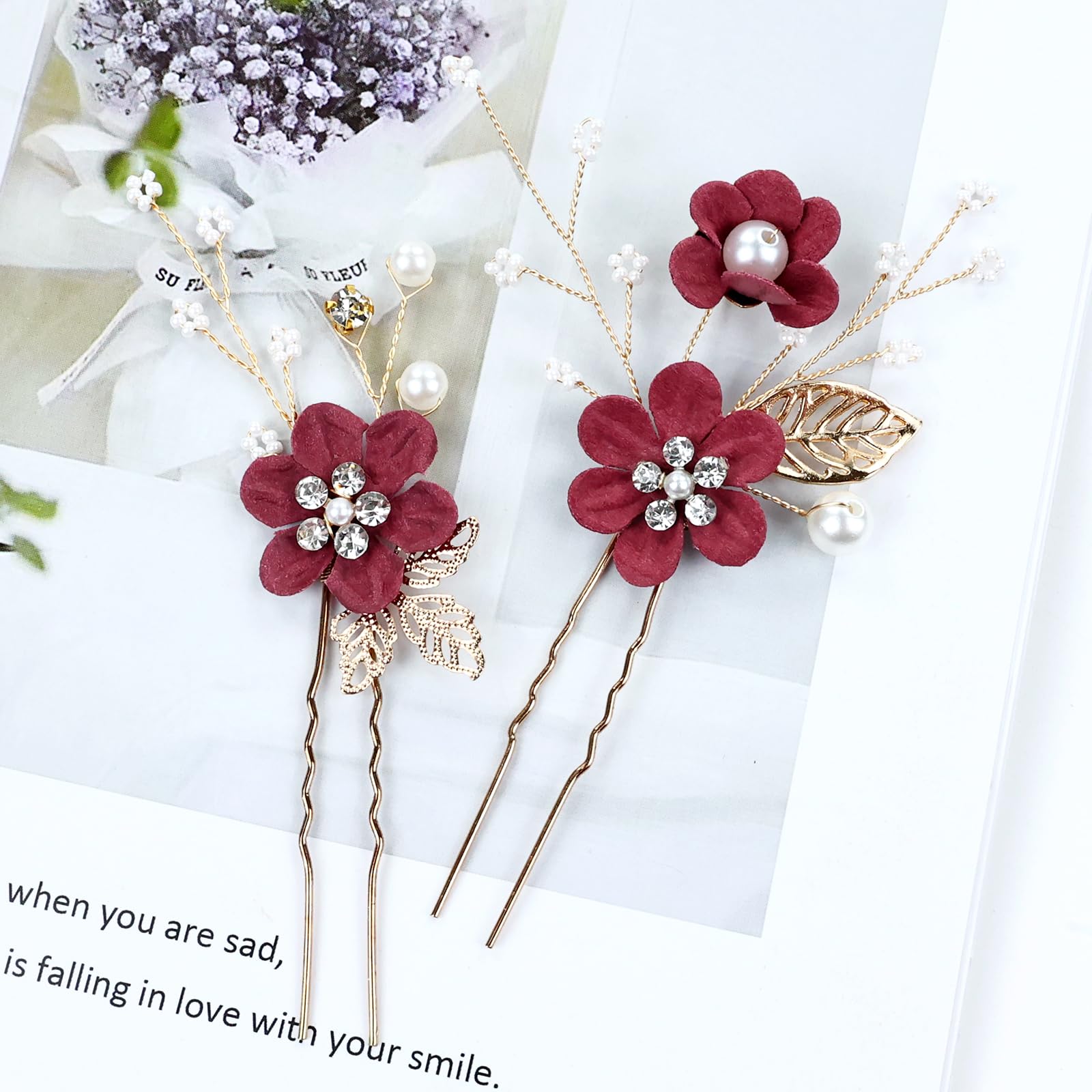 18-Piece Cinaci Bridal Hair Accessories Set - Pearl Rhinestone Burgundy Flower Hair Combs, U-Pins & Spiral Hairpins for Weddings, Prom & Special Occasions | Perfect for Brides, Bridesmaids & Women