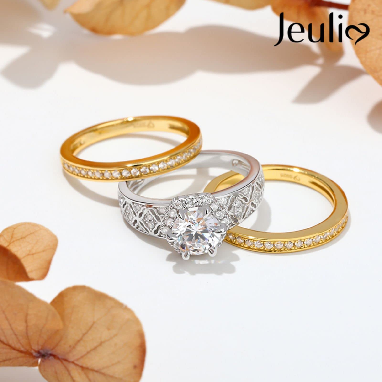 Jeulia Diamond Band Rings - Vintage Halo Round Cut Sterling Silver Wedding Ring Set for Women | Engagement, Anniversary, Promise Bridal Jewelry | Perfect for Proposals, Weddings & Special Occasions | Gift Box Included