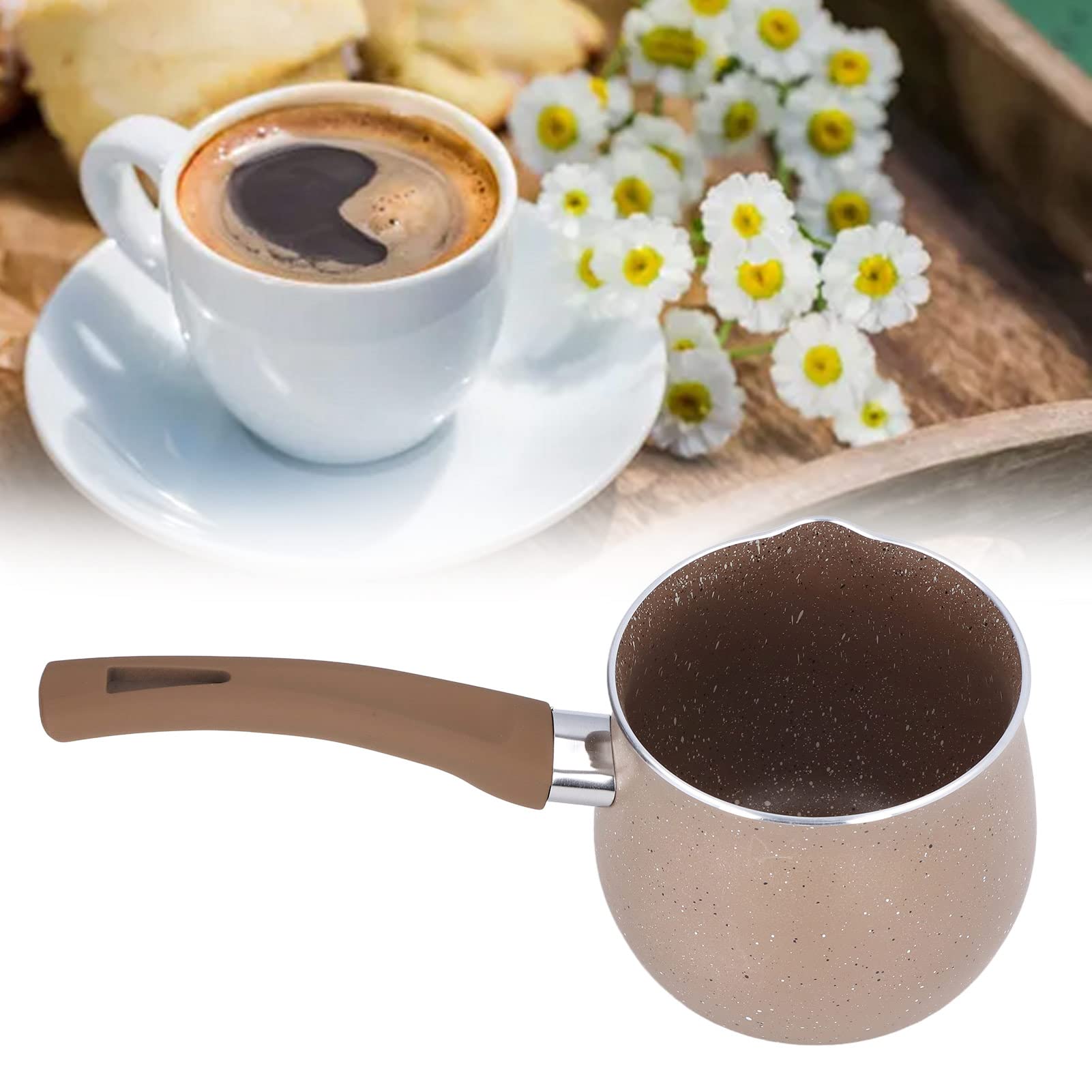 Single Handle Coffee Warmer Boiling Pot - Mini Milk Pan with Aluminum Alloy Non-Stick Coating, Anti-Scalding Design for Coffee, Tea & Cooking (Brown) - Perfect for Home, Office & Camping Use