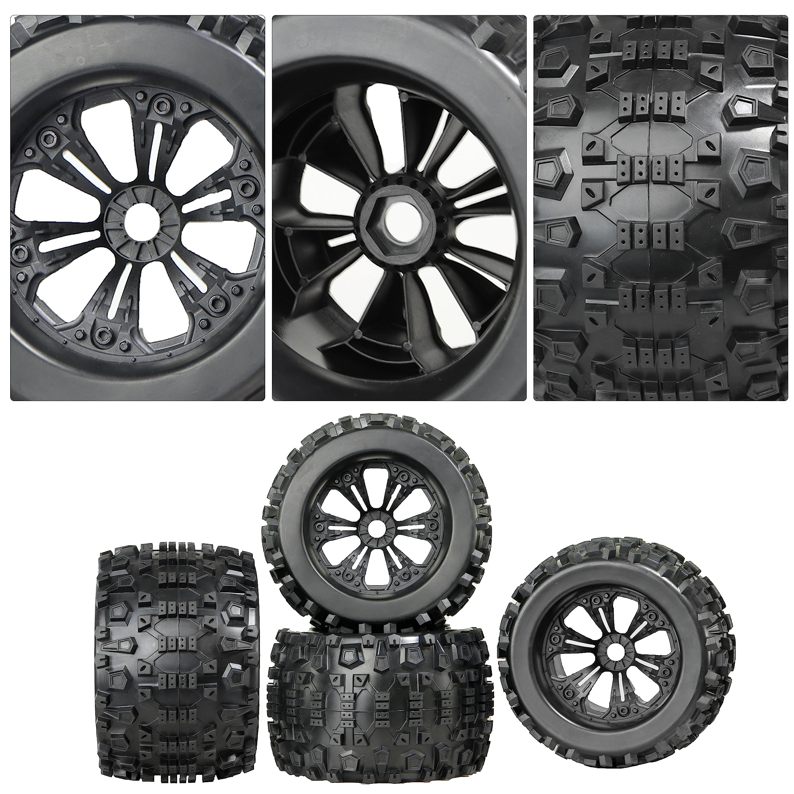 17mm Hex RC Wheels and Tires Set of 4 - Compatible with Traxxas Sledge, XMaxx, Revo 3.3, Summit, Arrma Kraton, Notorious, Outcast 6s, Redcat 3.8 - 1/8 Scale Pre-Glued Off-Road RC Truck Tires - Perfect for Bashing, Crawling and High-Speed Racing
