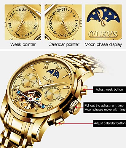 OLEVS Automatic Couple Watches for Men and Women - His and Hers Matching Mechanical Self-Winding Tourbillon Dress Watches with Day Date Calendar, Big Face, Two Tone - Perfect Anniversary Gift for Couples, Wedding Present, Romantic Date Night Accessories