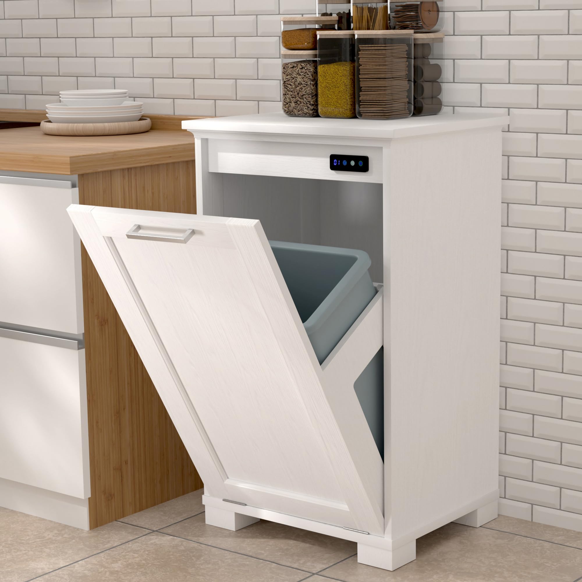 10-Gallon Tilt Out Trash Cabinet with Odor Control - White Wooden Freestanding Kitchen Garbage Can & Hidden Laundry Hamper for Home, Bathroom, and Pantry Organization