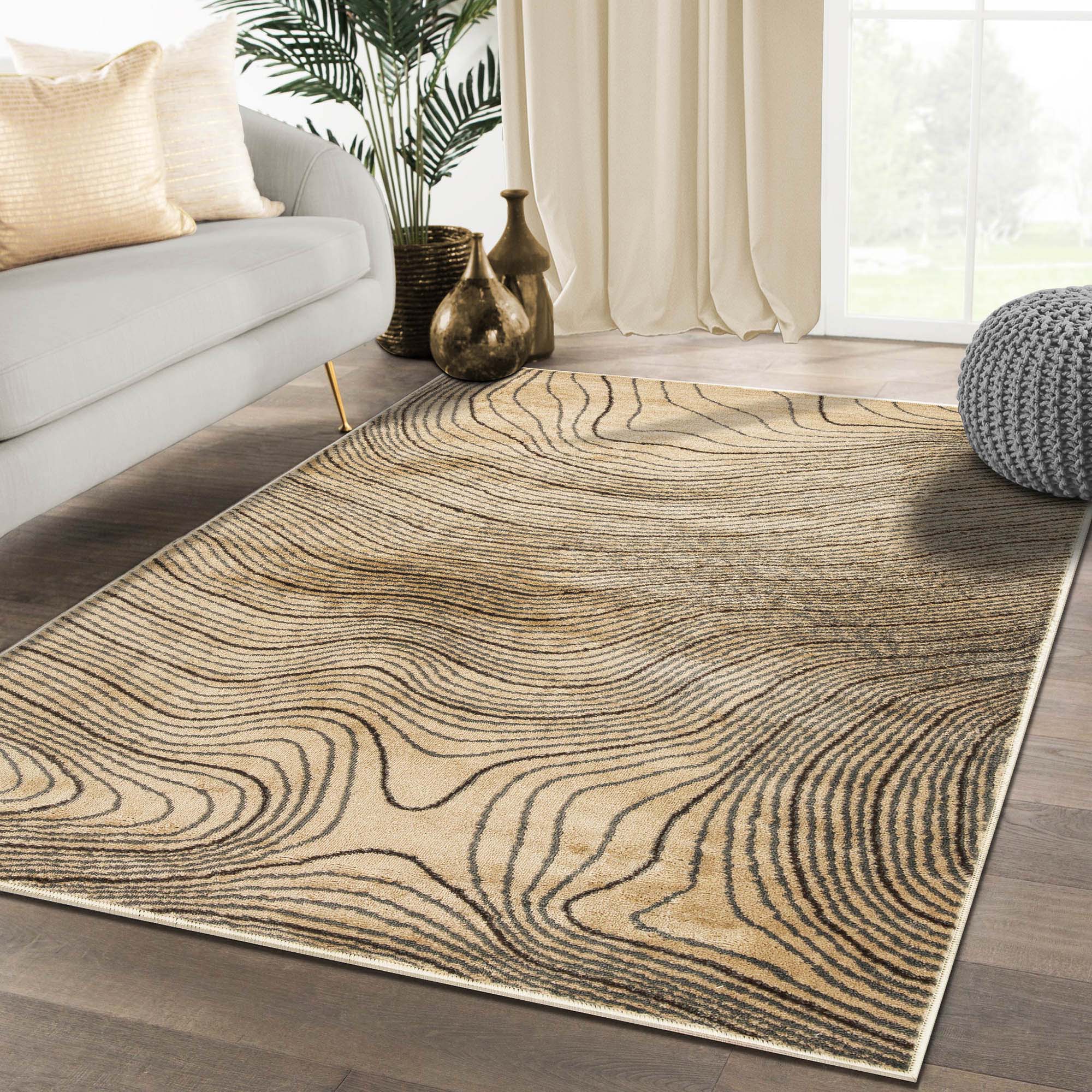 Veer Modern Abstract Wood Grain Indoor Area Rug or Runner - Soft Non-Slip Living Room Carpet for Bedroom, Hallway & Home Decor