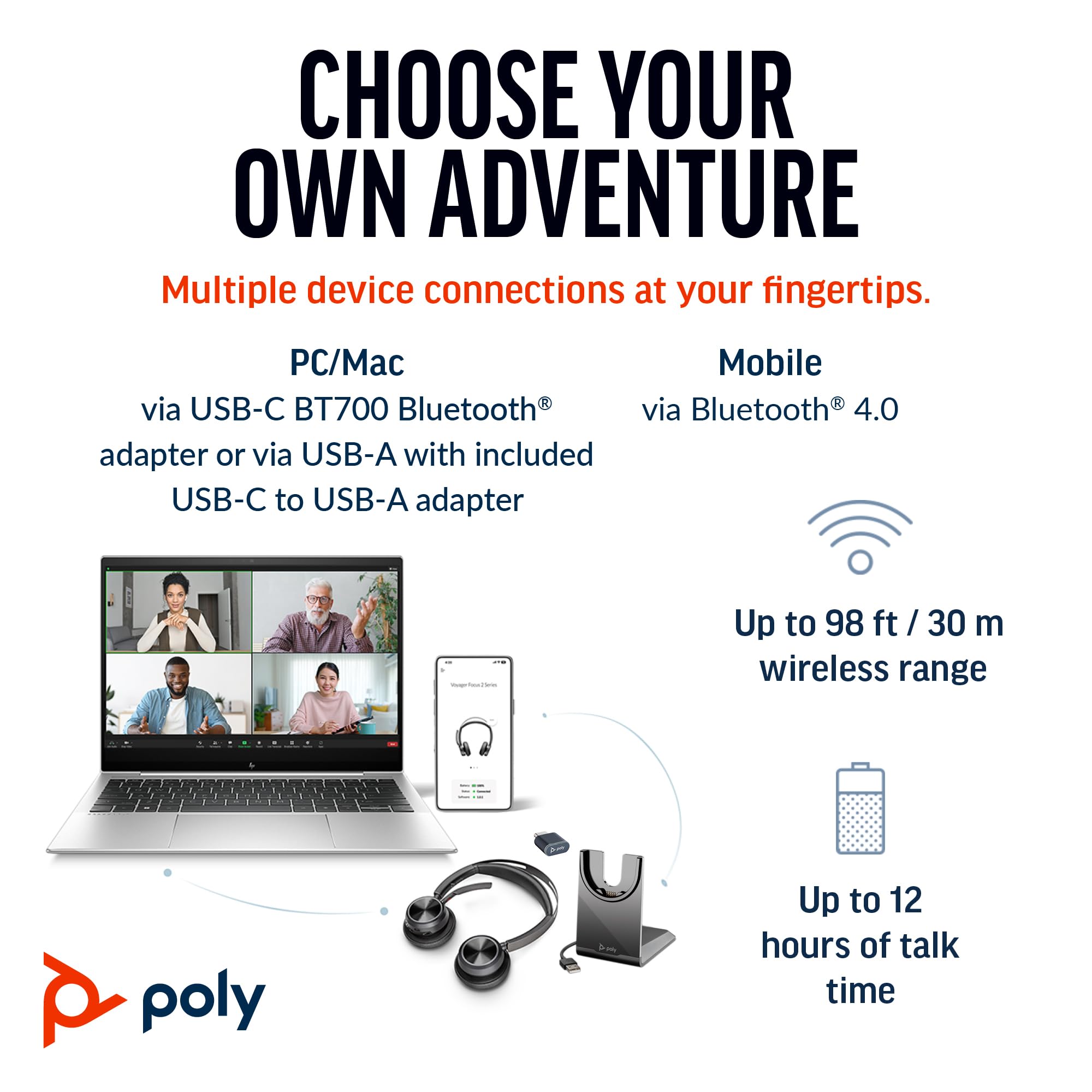 Poly Voyager Focus UC Wireless Headset with Charge Stand - Active Noise Canceling (ANC) Bluetooth Headphones for PC, Mac, Mobile - Certified for Microsoft Teams & Zoom - Perfect for Home Office, Remote Work & Online Meetings