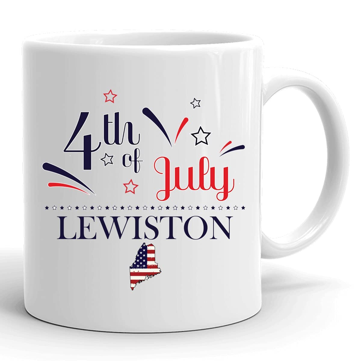 Personalized 11oz White Coffee Mug with USA Flag - Custom Independence Day Cup for Lewiston Maine - Happy 4th of July Gift - Perfect for Home, Office & Holiday Celebrations