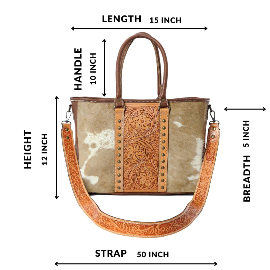 Western Cowhide Leather Tote Bag for Women with Adjustable Tooled Shoulder Strap - Stylish Handmade Leather Purse for Work, Travel & Everyday Use