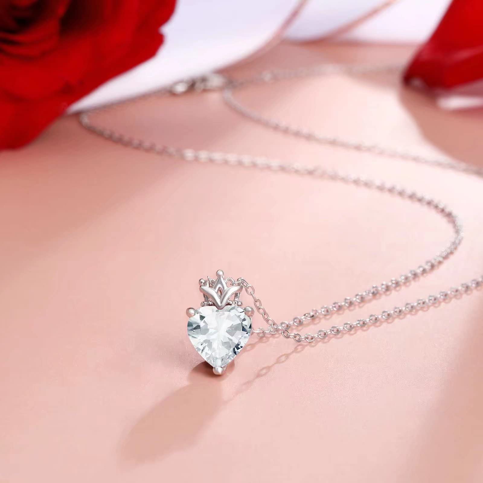 925 Sterling Silver Birthstone Heart with Crown Pendant Necklace | Cubic Zirconia Princess Queen Jewelry | Elegant Birthday Gift for Women, Girlfriend, Wife | Perfect for Anniversaries, Valentine's Day & Special Occasions