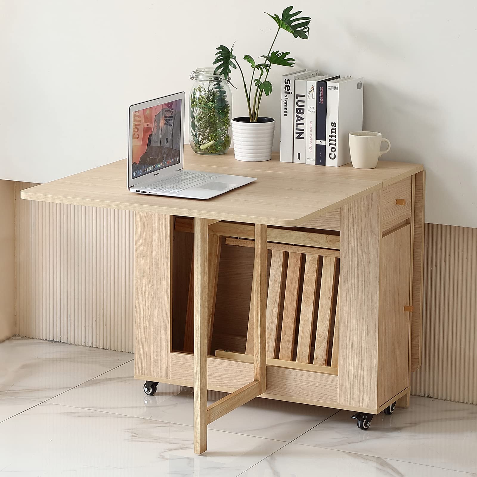 Extendable Drop Leaf Folding Dining Table with 2 Drawers & 4 Wheels - Space Saving Kitchen Table for Small Apartments, Farmhouse, Living Room | Solid Wood Finish | Perfect for Dining, Entertaining & Home Office Use