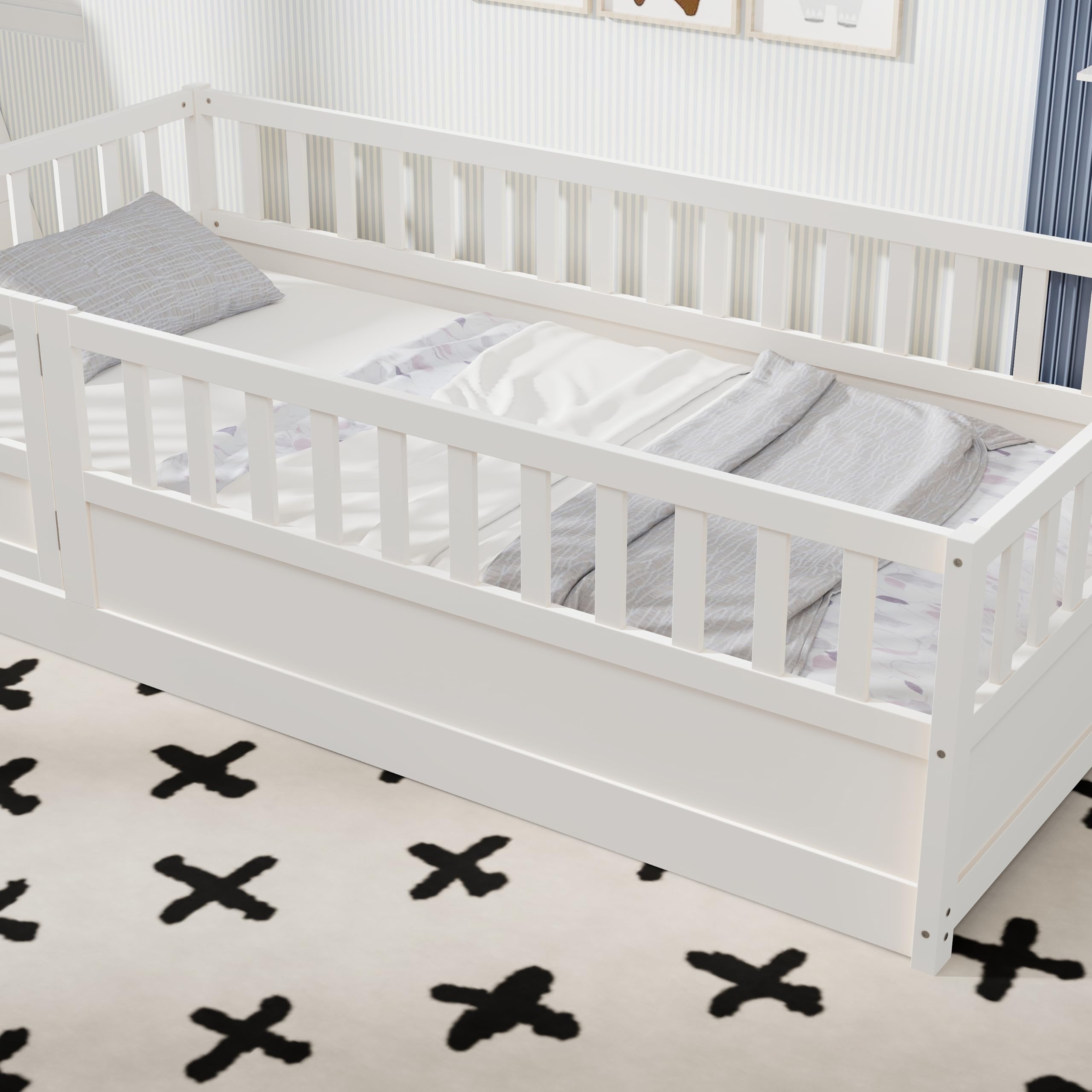 Montessori Twin Floor Bed with High Safety Rails & Door Design - Solid Wood Kids Bed Frame with Slats for Boys & Girls - White - Perfect for Toddler Rooms & Montessori Bedrooms
